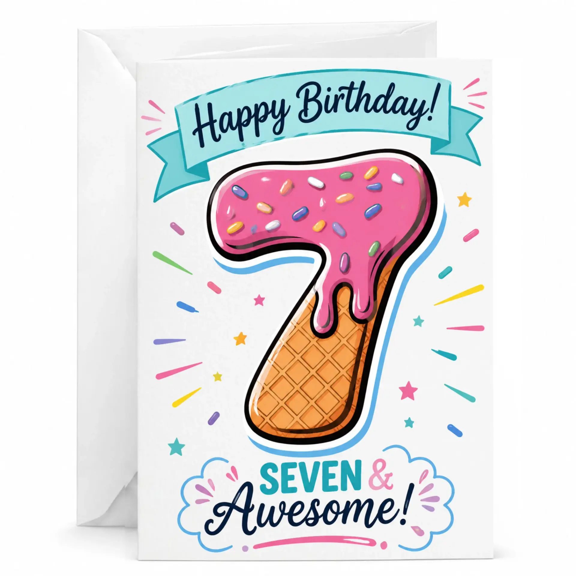 Birthday Card Seven and Awesome Illustration Featuring Number Shaped Like a Donut with Pink Frosting Sprinkles