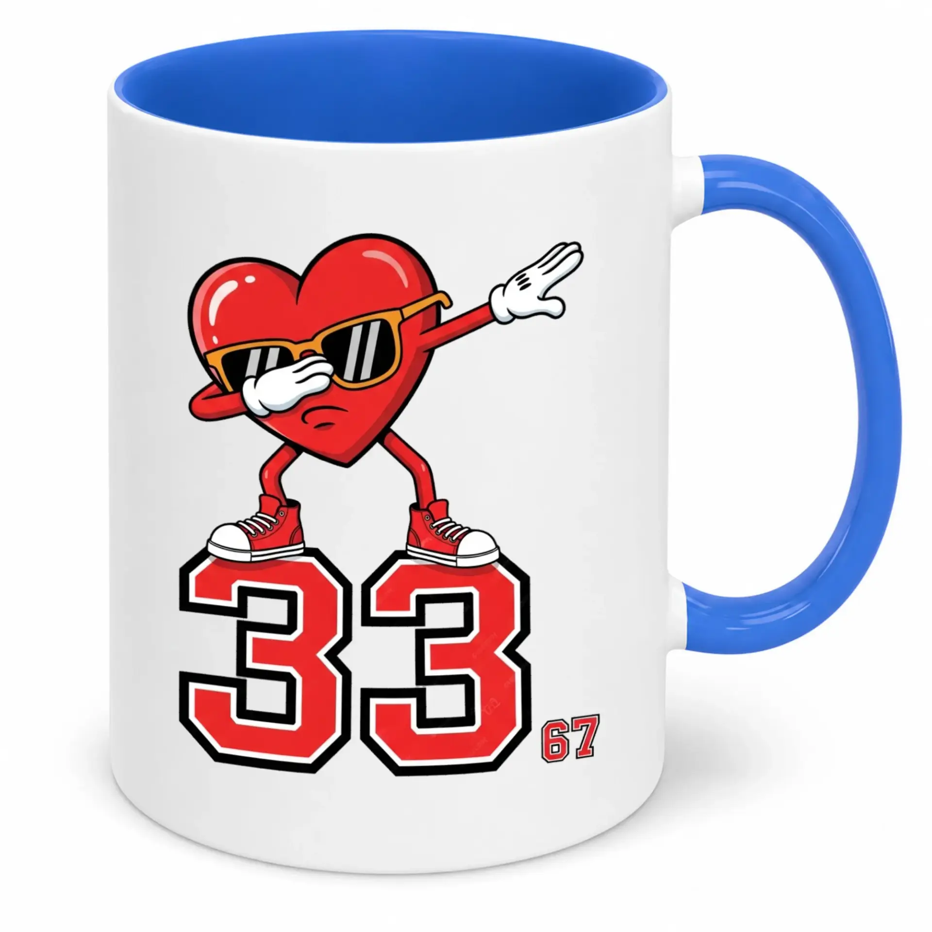 Funny Ceramic Coffee Mug with Dabbing Heart Character and Numbers 33 67, Cool Unique Beverage Drinkware for Home Office or Gift