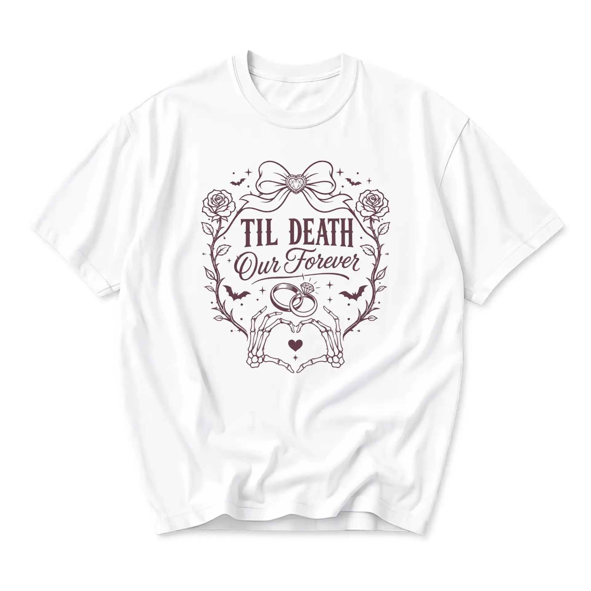 Graphic Tee Til Death Our Forever Gothic Skeleton Heart Hands Print Unisex Casual Short Sleeve Crew Neck Cotton Shirt