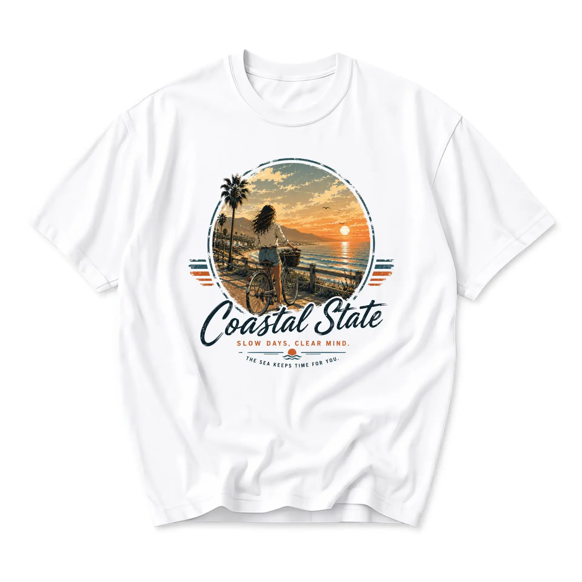 Graphic Tee Coastal State Sunset Bicycle Unisex Casual Crew Neck T-Shirt Soft Breathable Everyday Vacation Apparel