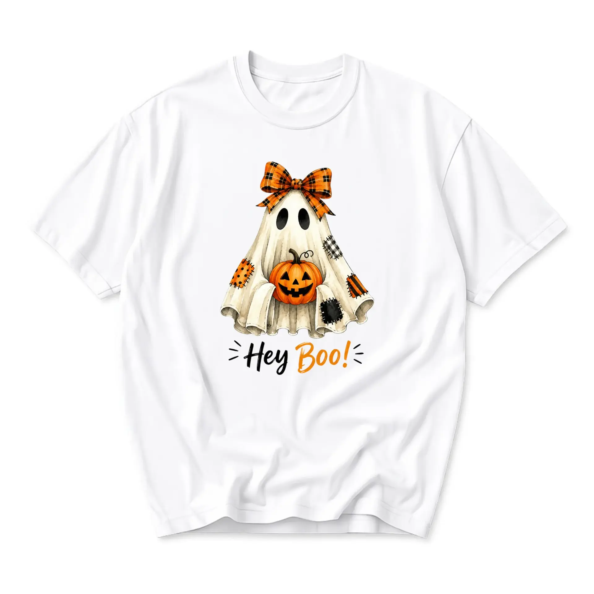 Graphic Tee Hey Boo Halloween Ghost Pumpkin Shirt Unisex Crew Neck Short Sleeve Casual Cotton Blend Apparel White