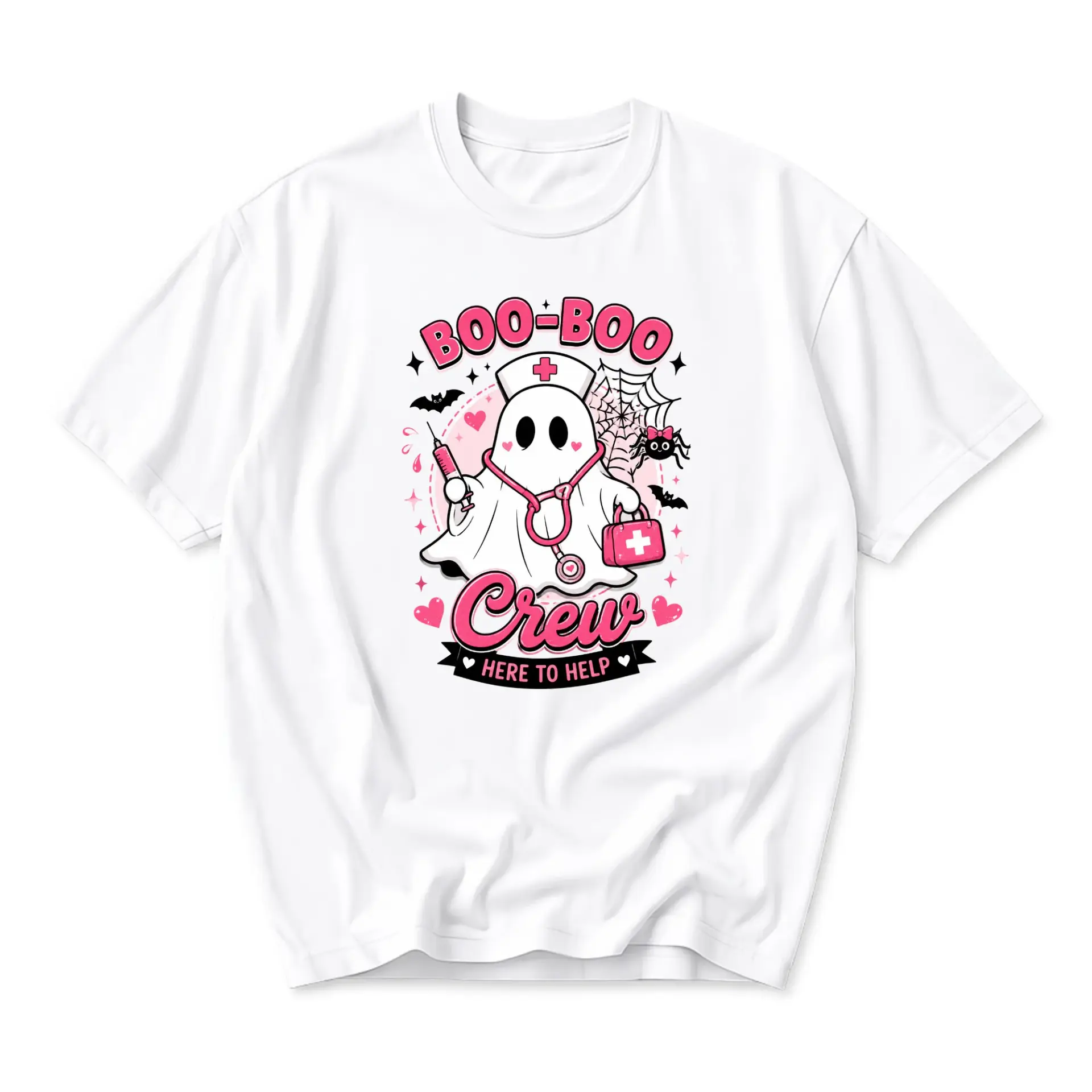Funny Shirt Boo-Boo Crew Nurse Ghost Graphic Tee Casual Unisex Crew-Neck Cotton Blend Short Sleeve Halloween Top