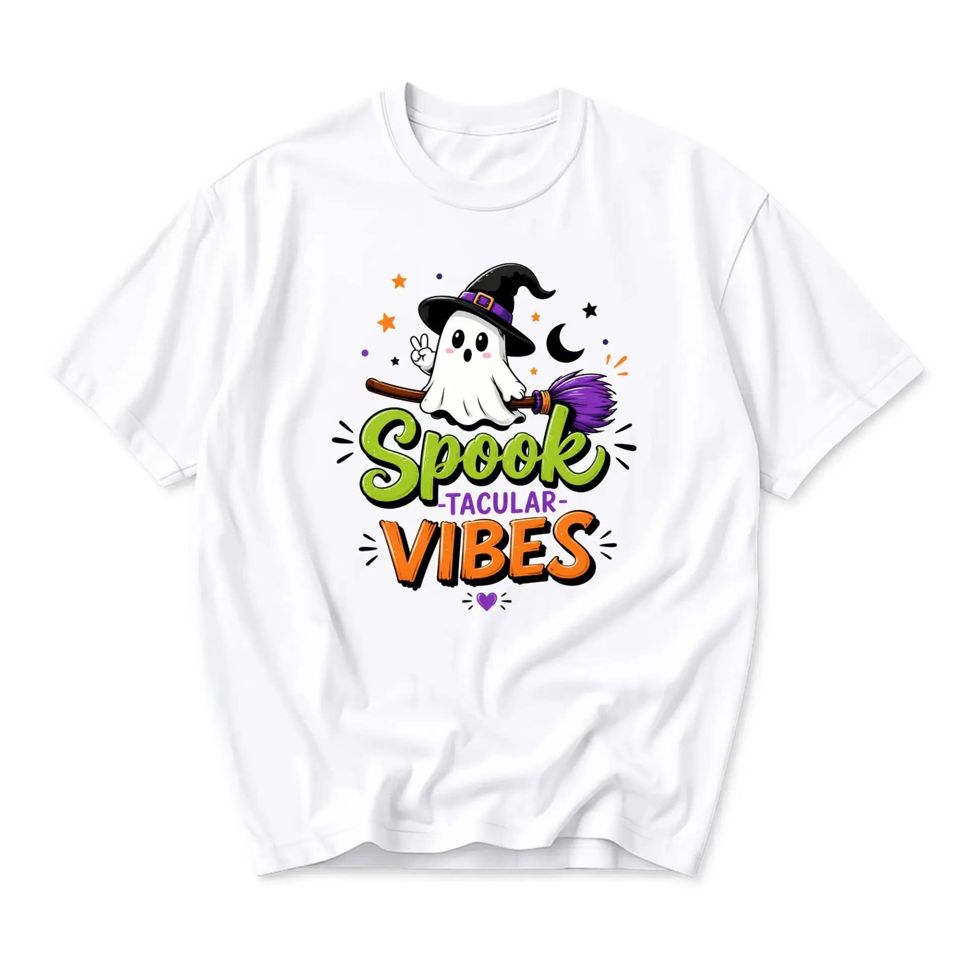 Funny Shirt Spooktacular Vibes Ghost Graphic Tee Seasonal Casual Cotton Blend Unisex Crew Neck Halloween Apparel