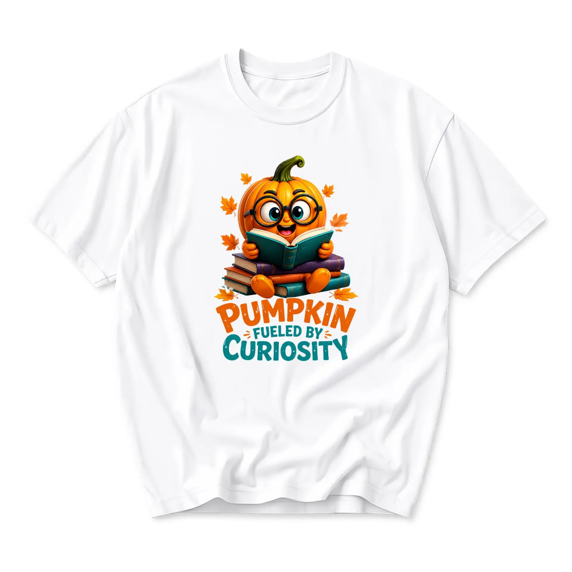 Graphic Tee Pumpkin Fueled by Curiosity Reading Books Fall Autumn Unisex Crew Neck Comfortable Short Sleeve T-Shirt