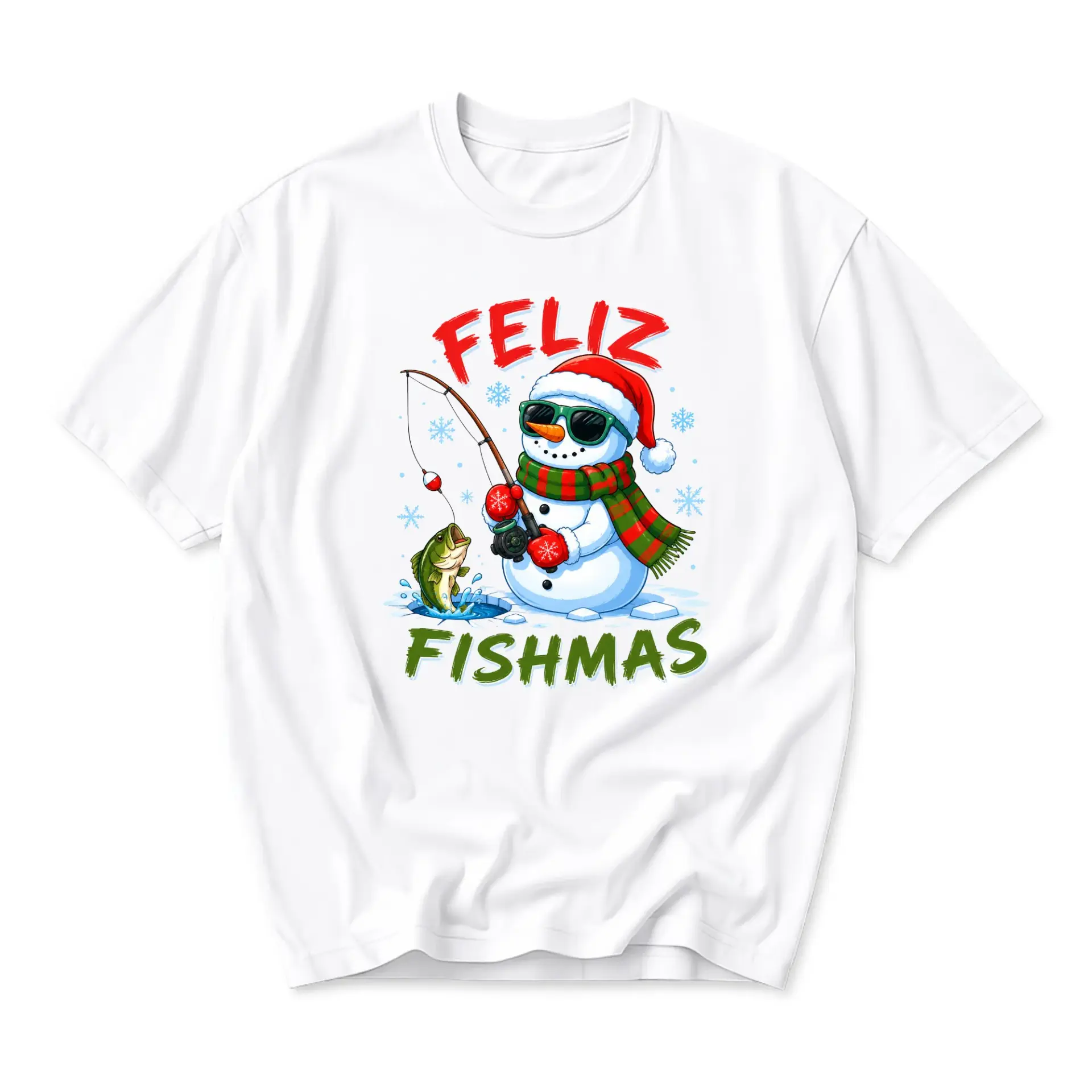 Funny Shirt Feliz Fishmas Snowman Fishing Graphic Tee Holiday Seasonal Casual Short Sleeve Unisex Cotton Crew Neck Top