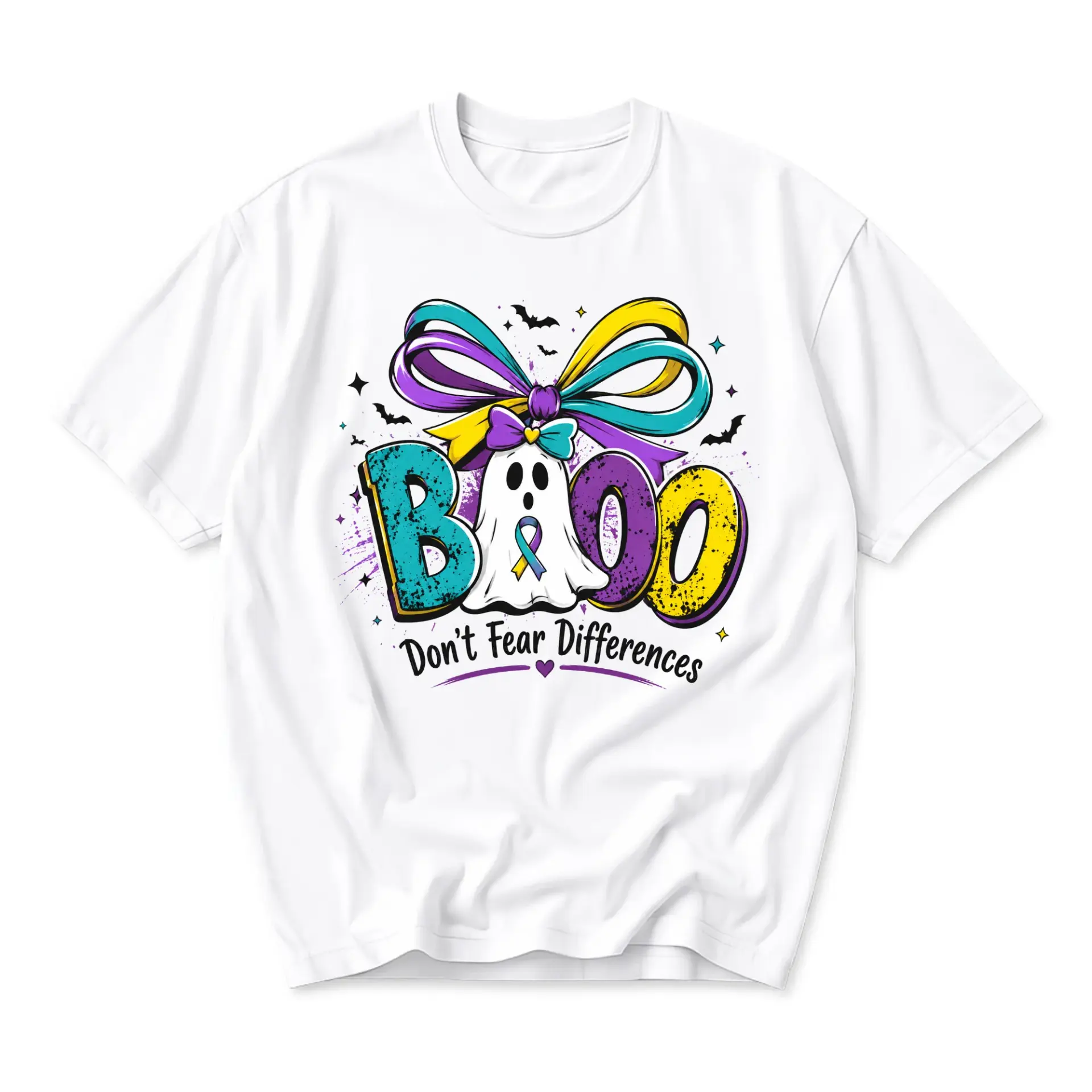 Graphic Tee Unisex Boo Don't Fear Differences Awareness Shirt Short Sleeve Casual Crew Neck Apparel for Daily Wear