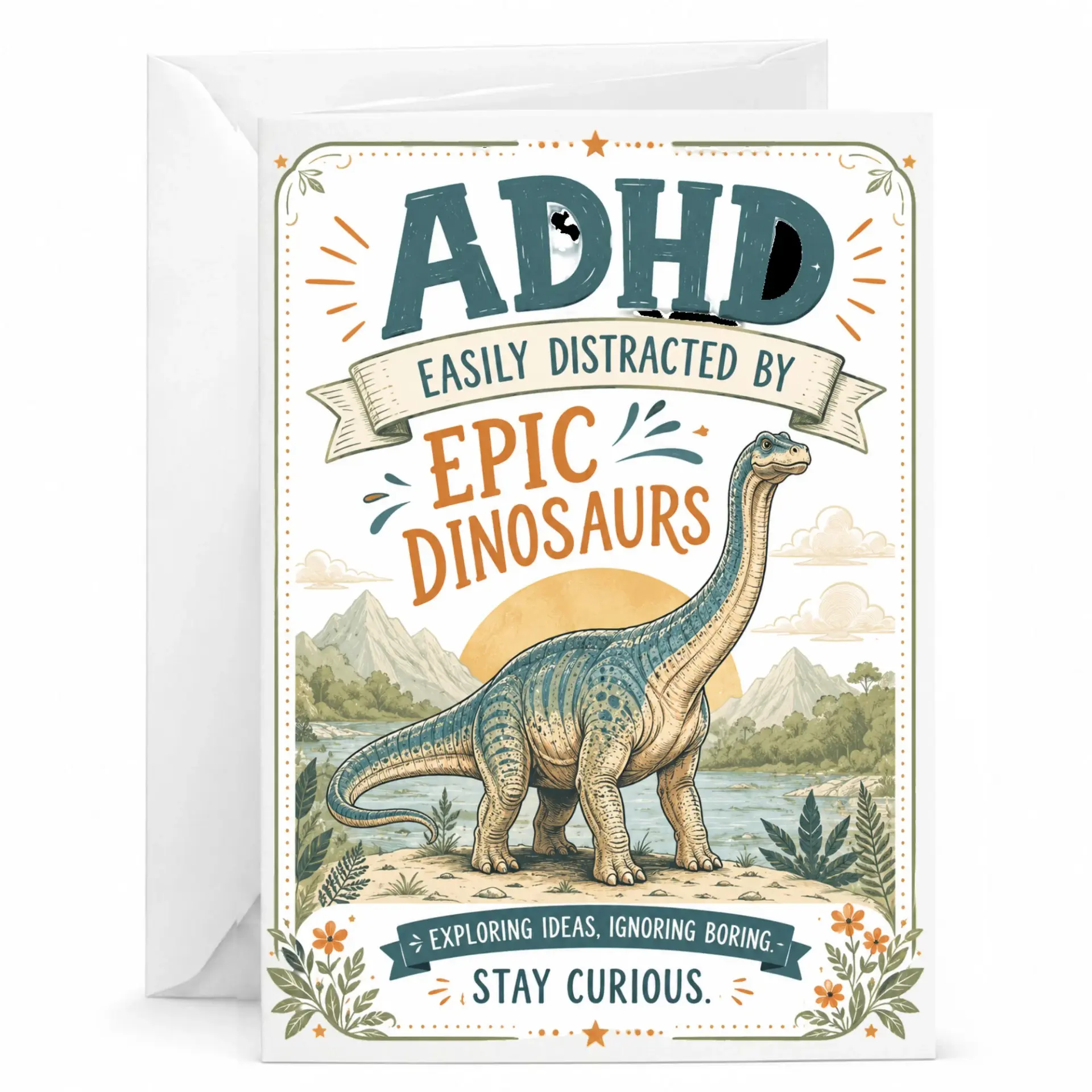 Funny Greeting Card Featuring Dinosaur Illustration and Whimsical Adhd Design for Personal Notes Special Occasions