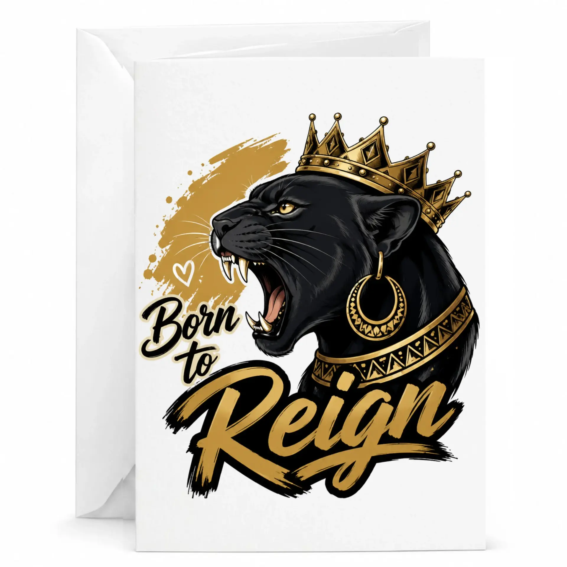 Funny Born to Reign Greeting Card Featuring Majestic Black Panther with Crown Gold Art Design Note Card 5x7 Inches