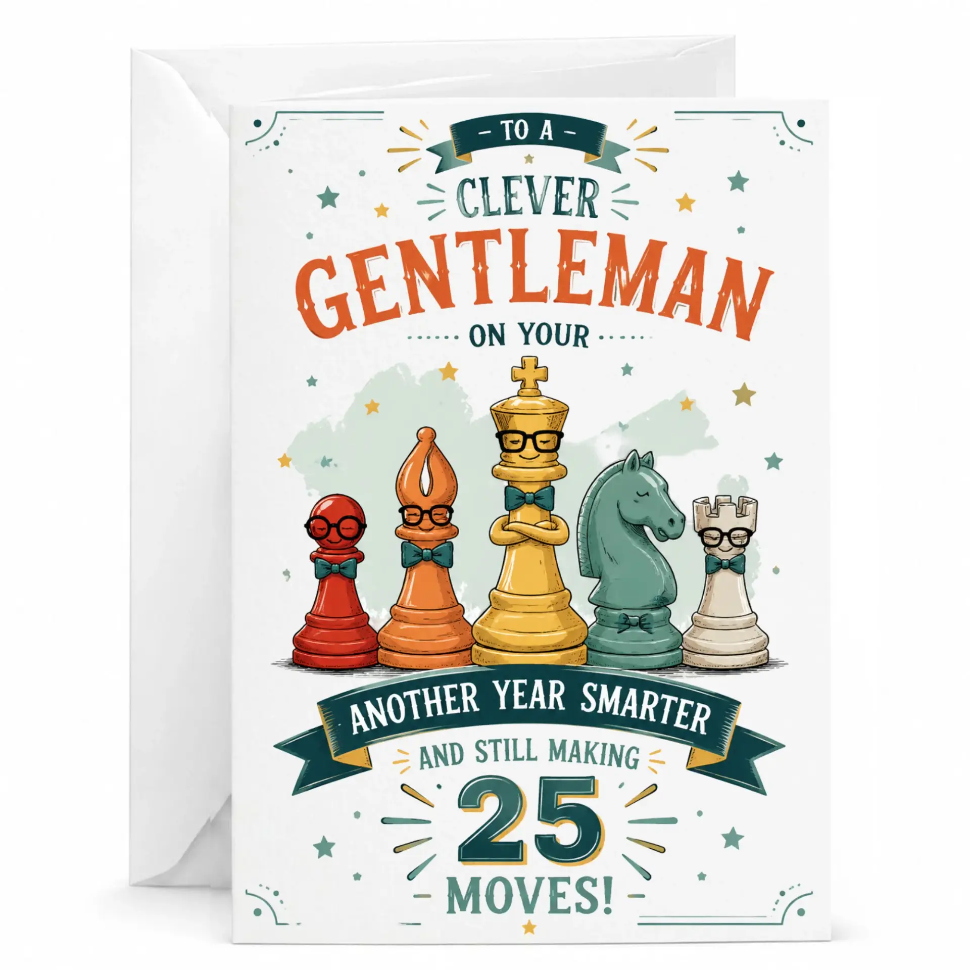 Funny Chess Birthday Card for Him, Clever Gentleman 25th Birthday Greeting Card with Envelope for Strategy Game Enthusiasts