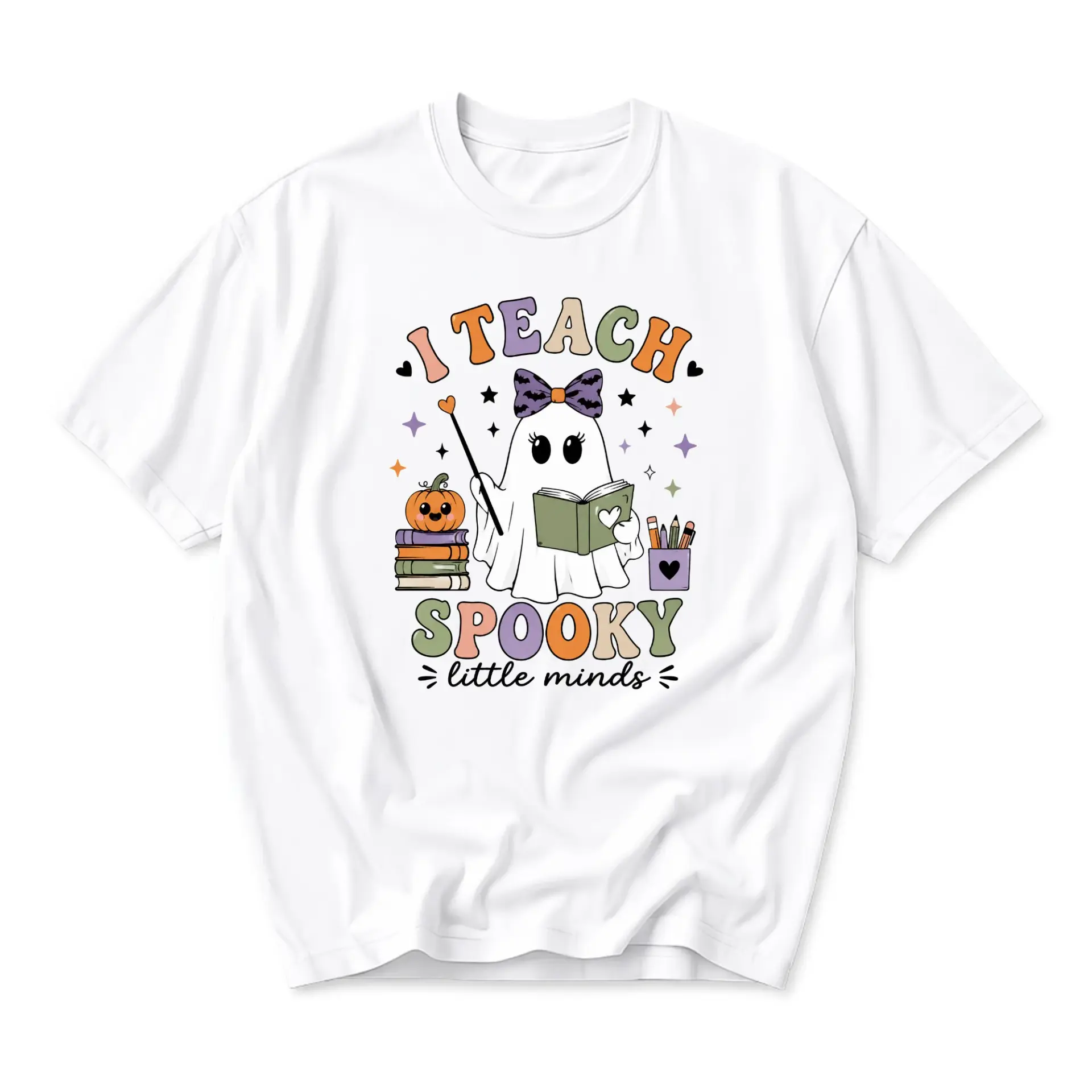 Funny Shirt I Teach Spooky Little Minds Ghost Design Unisex Graphic Printed T-Shirt Casual Everyday Apparel White