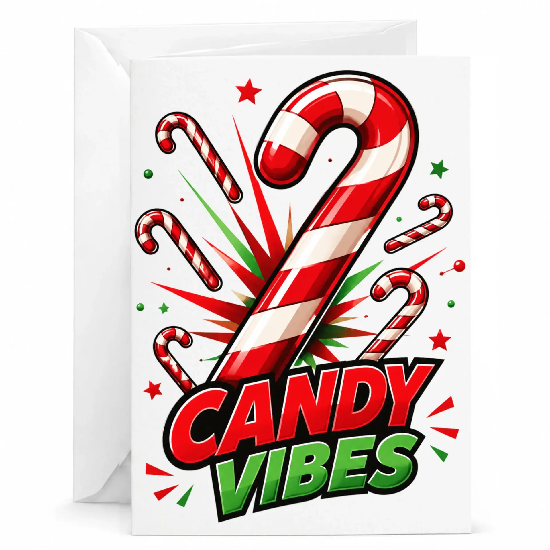 Candy Vibes Holiday Greeting Card Festive Seasonal Note Card Featuring Candy Canes with Matching White Envelope 5x7 Inch