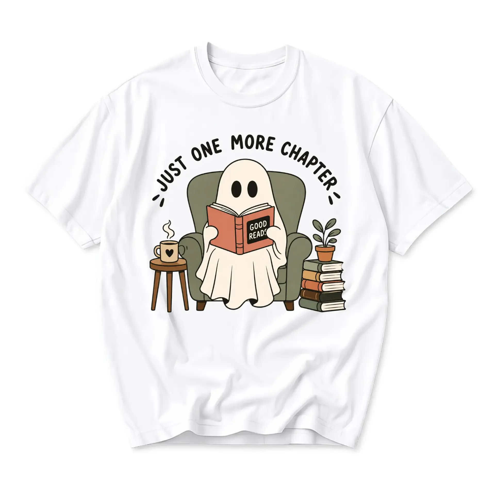 Funny Shirt Just One More Chapter Ghost Reading Book Unisex Graphic Printed T-Shirt Casual Everyday Apparel Gift Idea