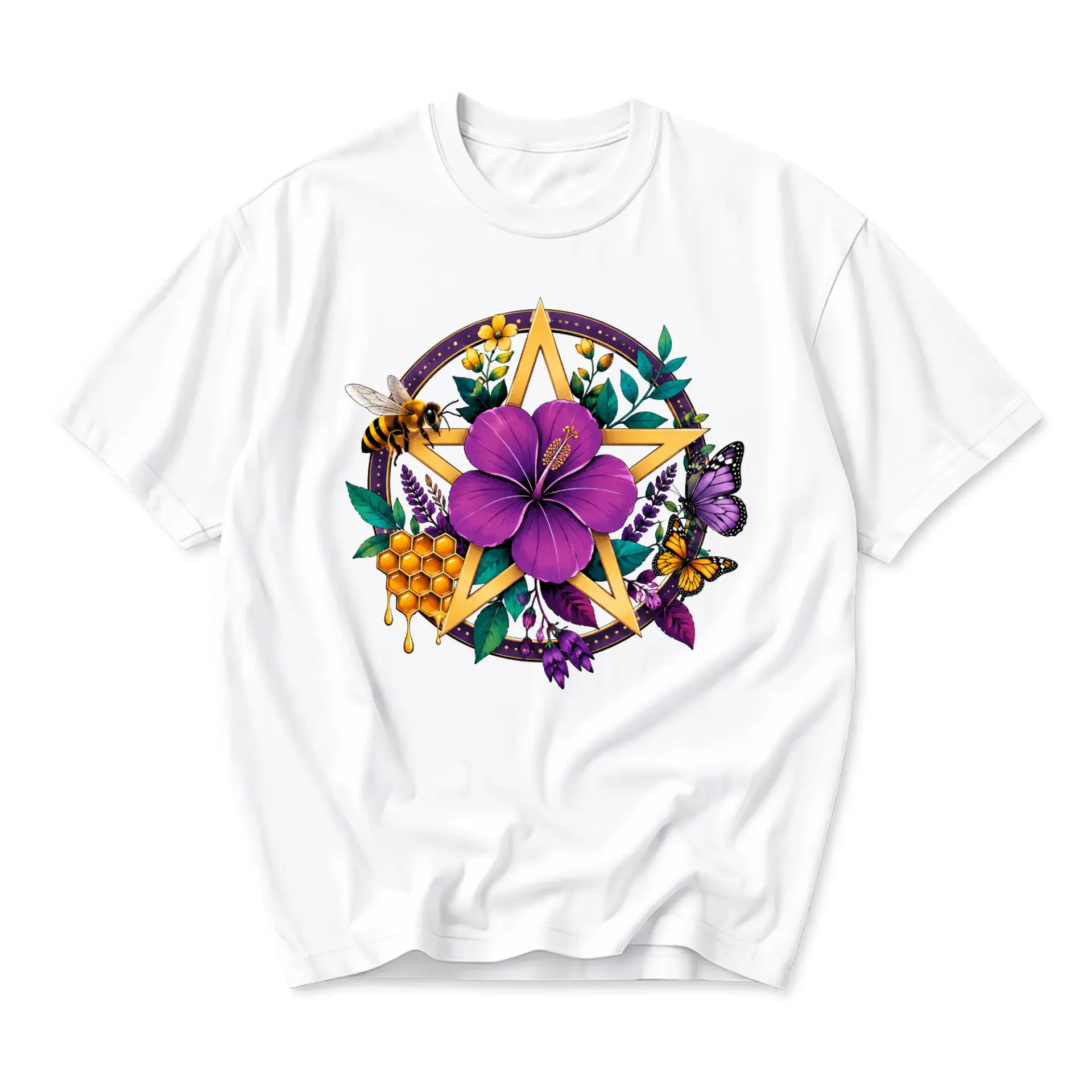 Graphic Tee Floral Pentagram Bee Print Unisex Crew Neck Cotton Blend Shirt for Casual Everyday Style and Self Expression