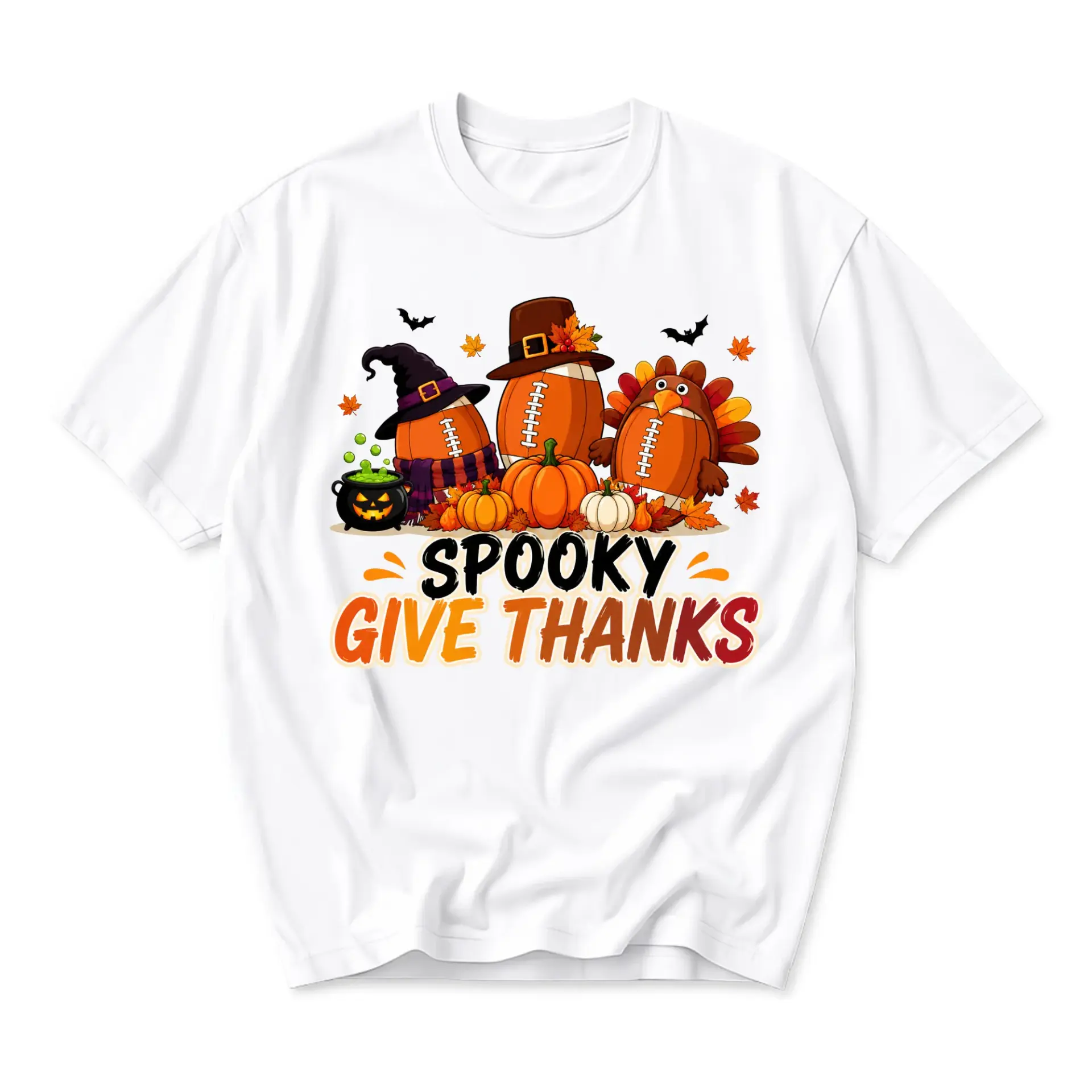 Graphic Tee Spooky Give Thanks Football Pumpkin Turkey Design Unisex Casual Crew Neck Comfortable Cotton Shirt