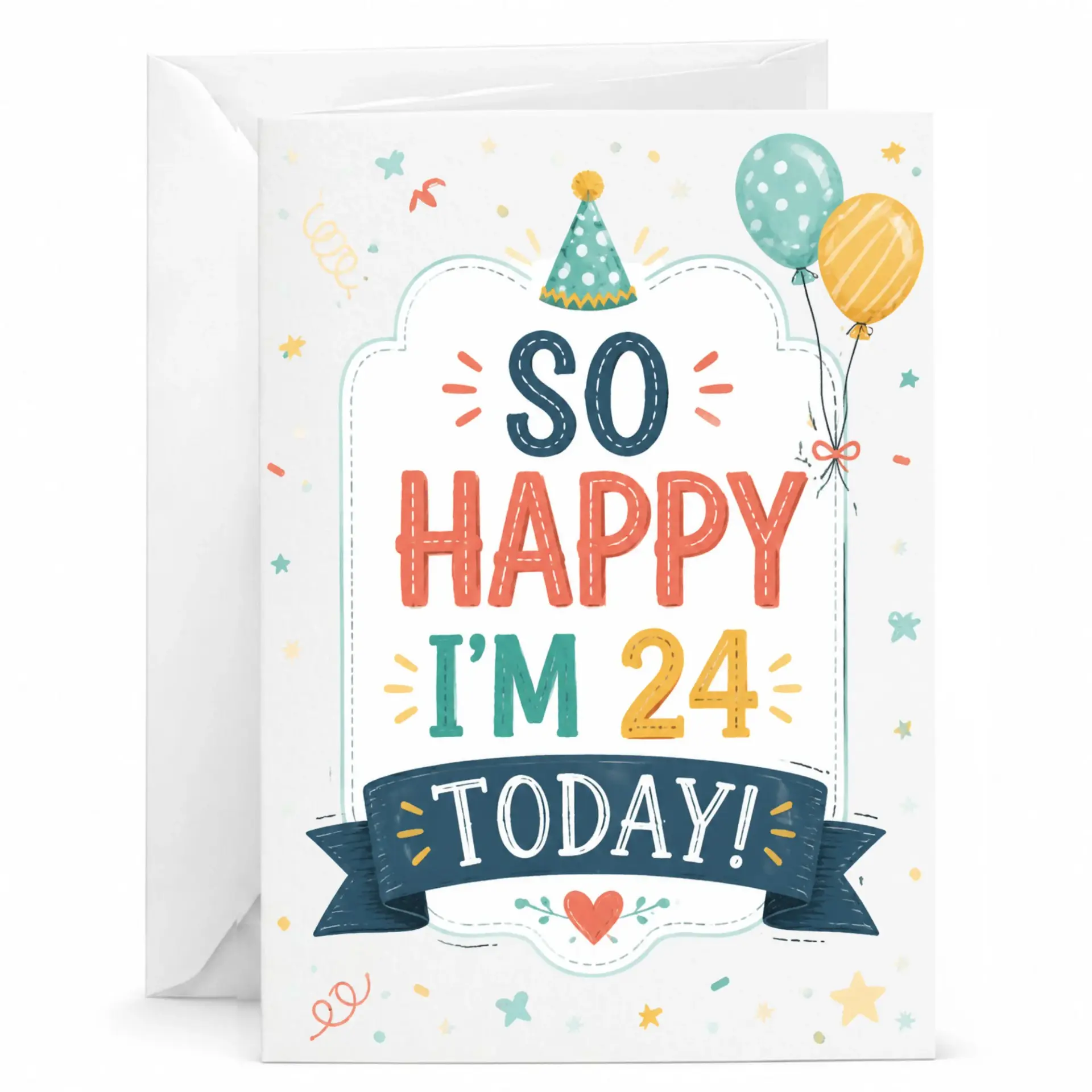 Birthday Card Celebrating Twenty Fourth Year with Festive Balloon and Party Hat Illustration on Premium Paper