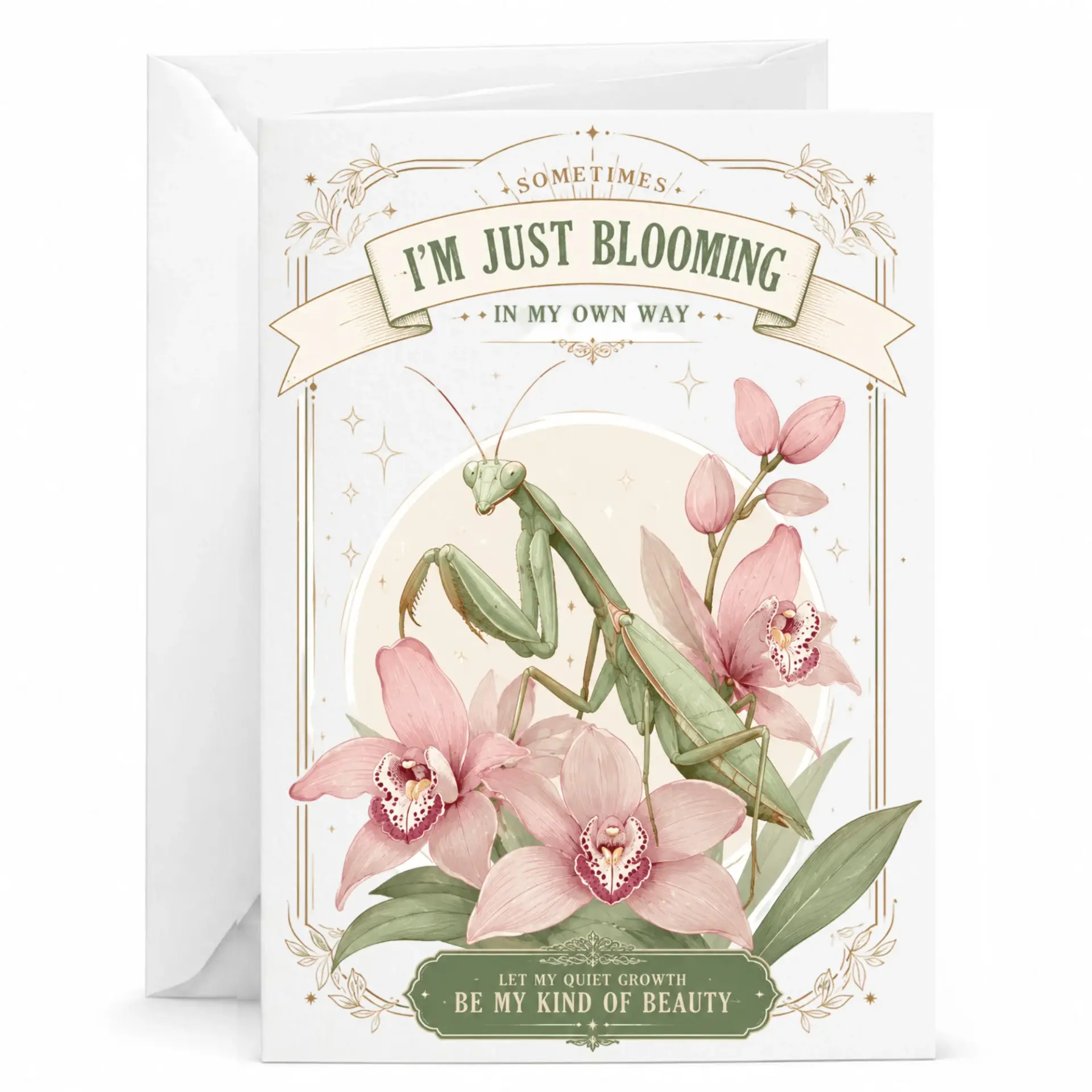 Greeting Card with Mantis and Orchid Illustration for Personal Messages Encouragement Gifts