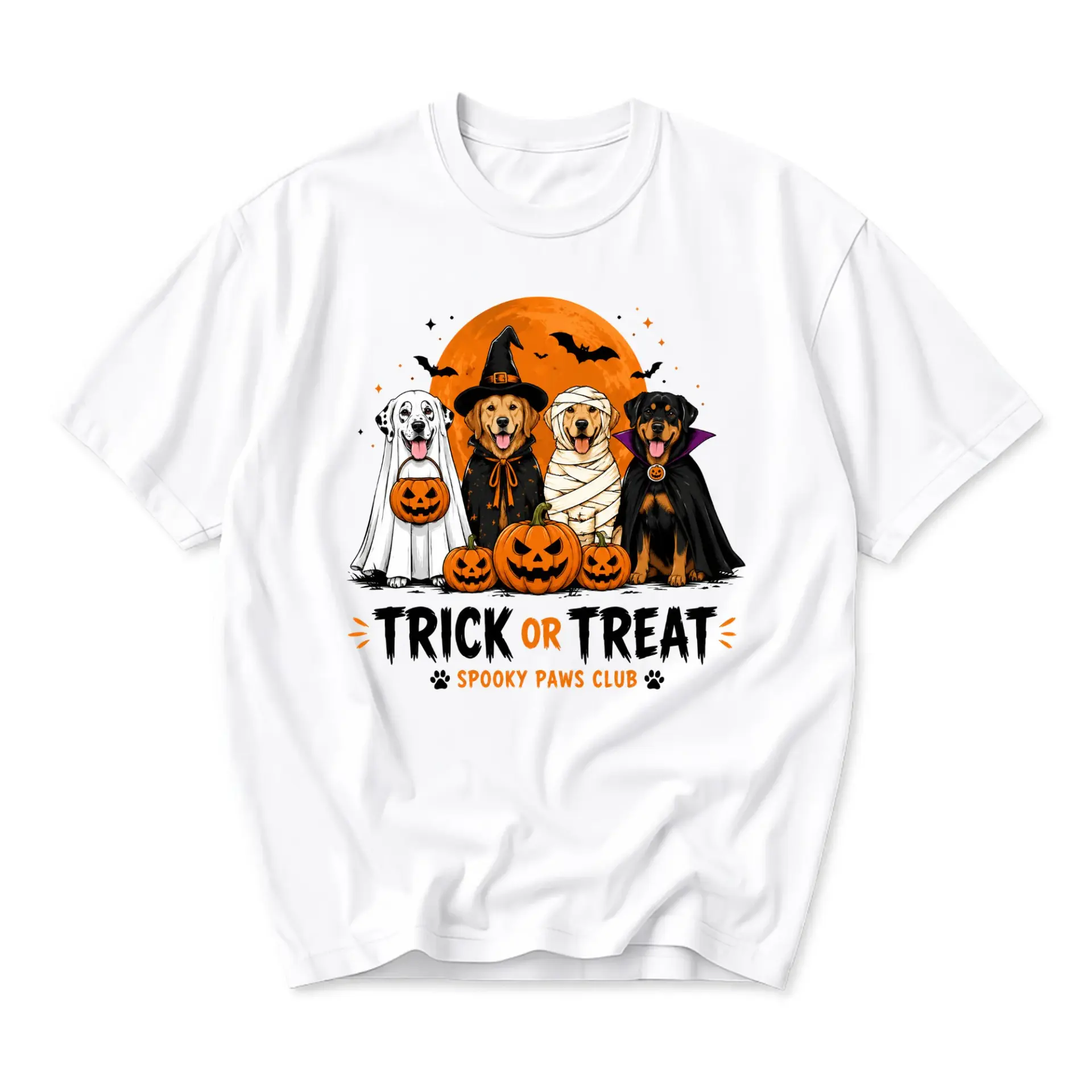 Graphic Tee Trick or Treat Spooky Paws Club Halloween Dog Costume Shirt Unisex Casual Crew Neck Apparel White