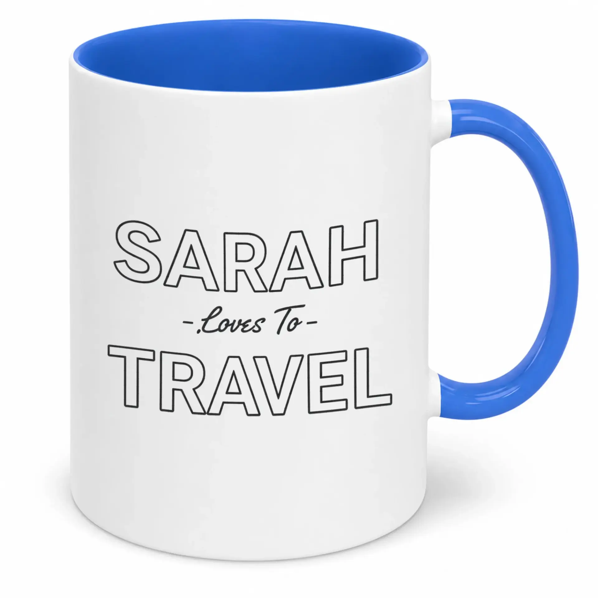Personalized Sarah Loves to Travel Ceramic Coffee Mug Unique Drinkware Gift for Women Blue Handle and Interior Accent 11oz or 15oz Size Option