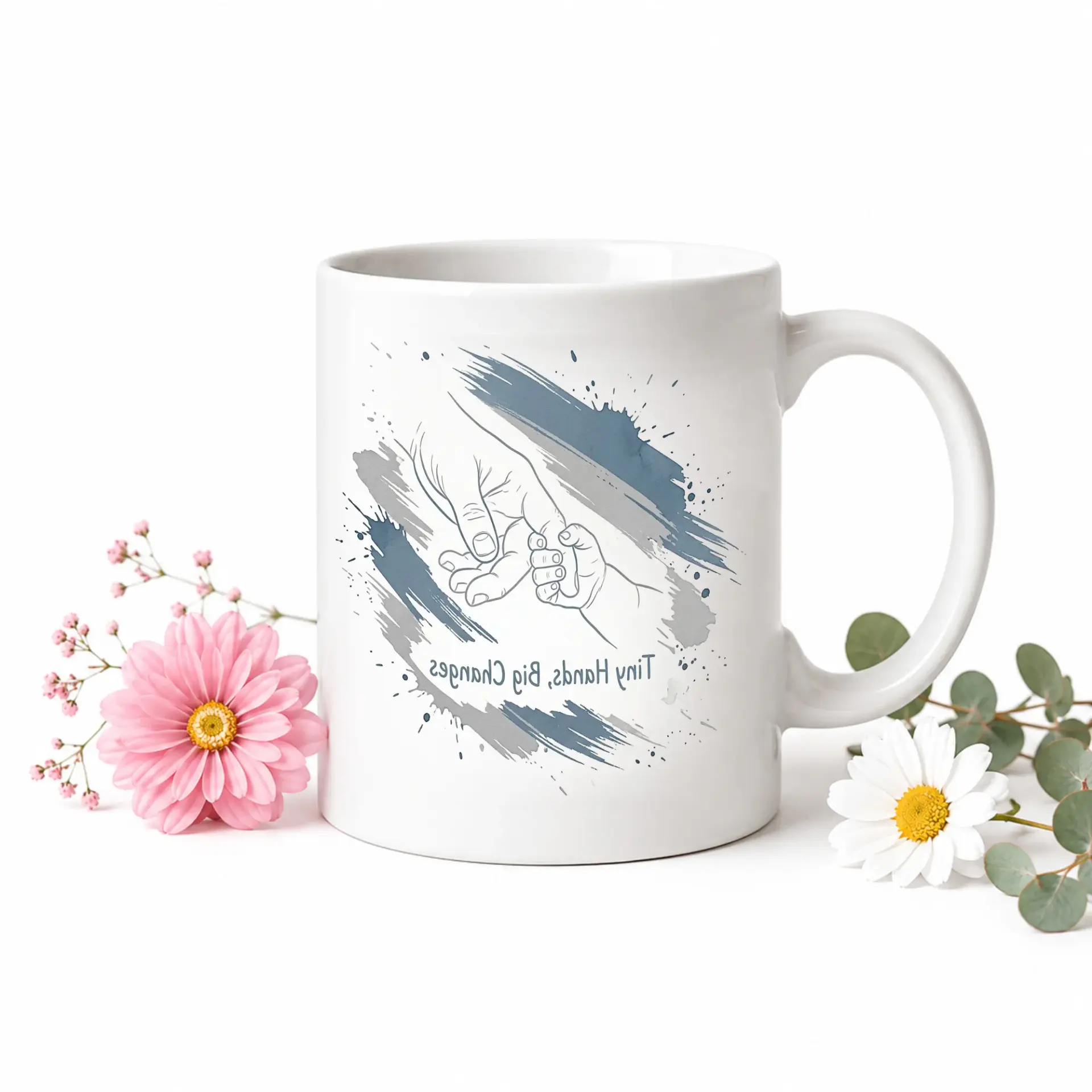 Inspirational Tiny Hands Big Changes Ceramic Mug with Blue Accent Handle for Home and Office Coffee Tea Beverages