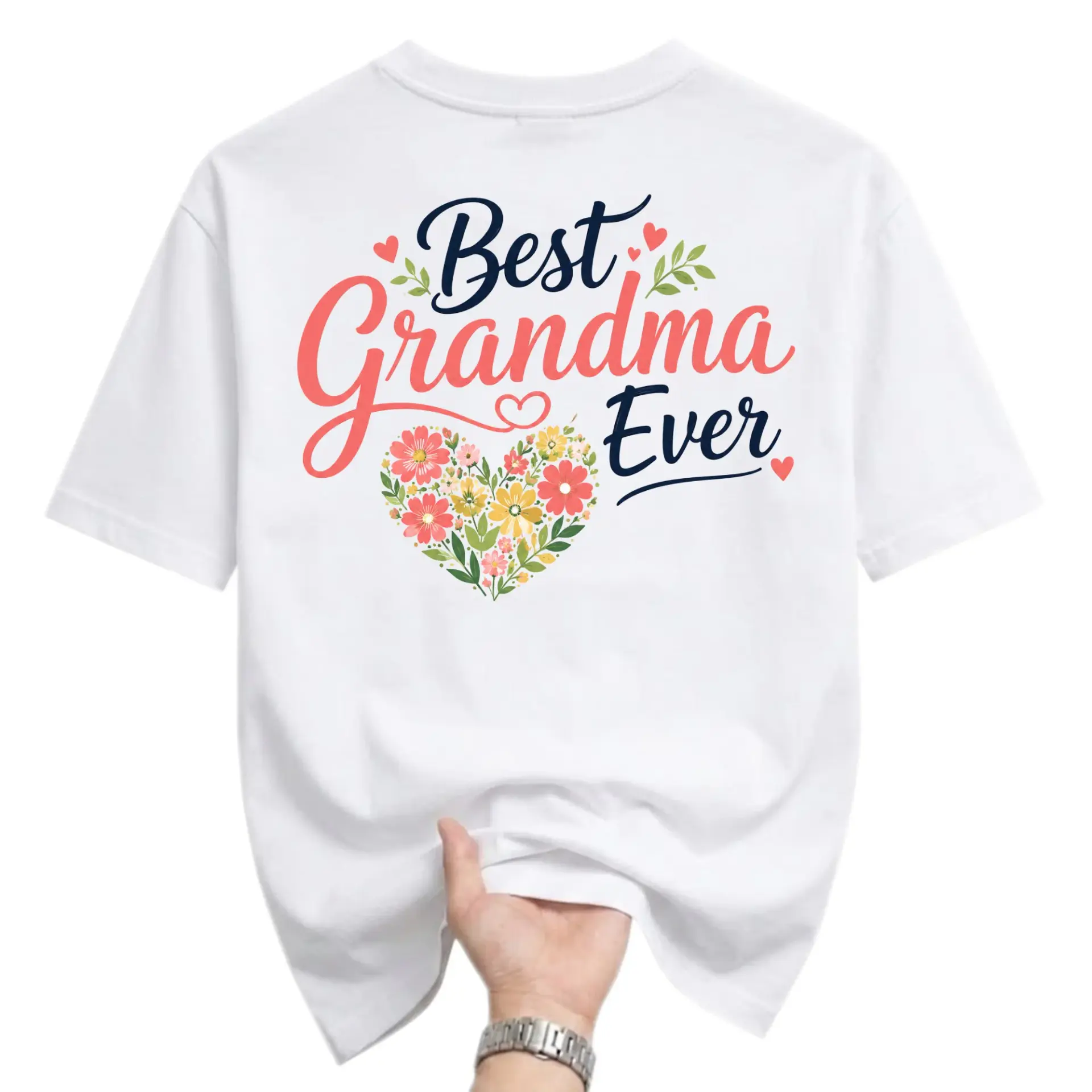T-shirt Best Grandma Ever Floral Heart Graphic Tee Unisex Crew Neck Casual