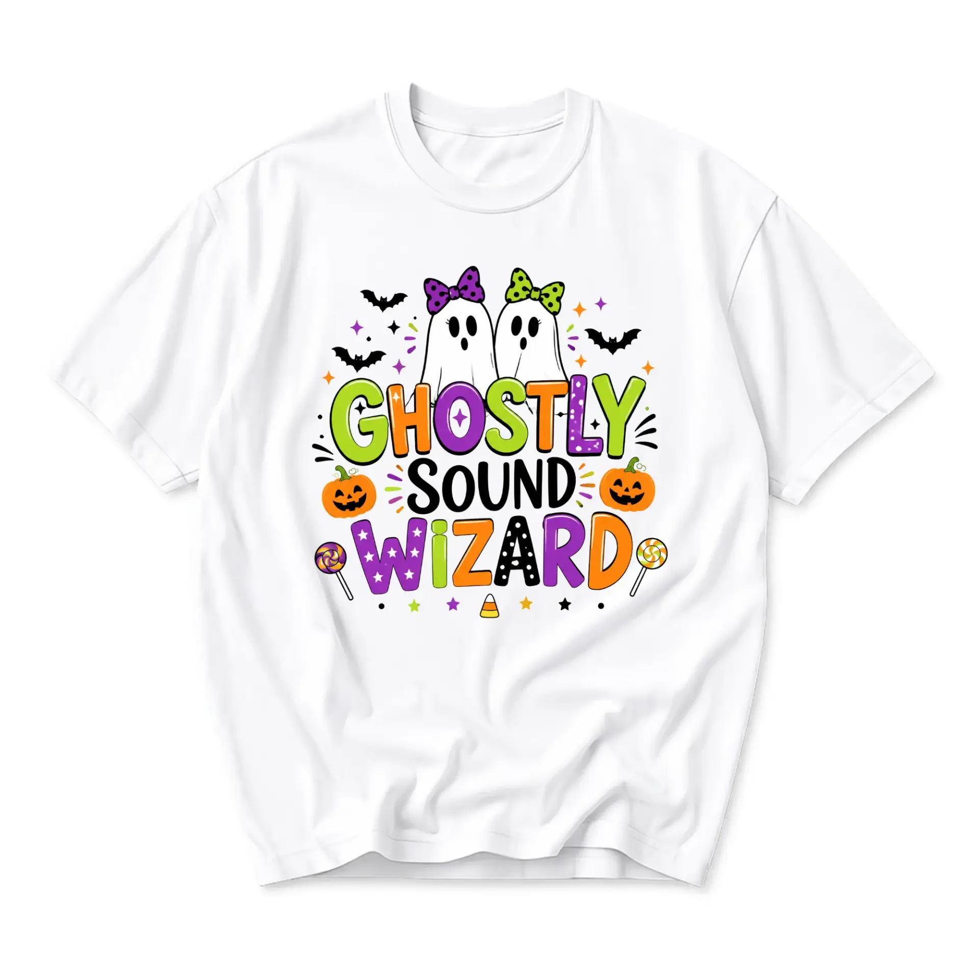 Graphic Tee Ghostly Sound Wizard Funny Shirt for Halloween Party Seasonal Casual Wear Unisex Crew Neck Apparel