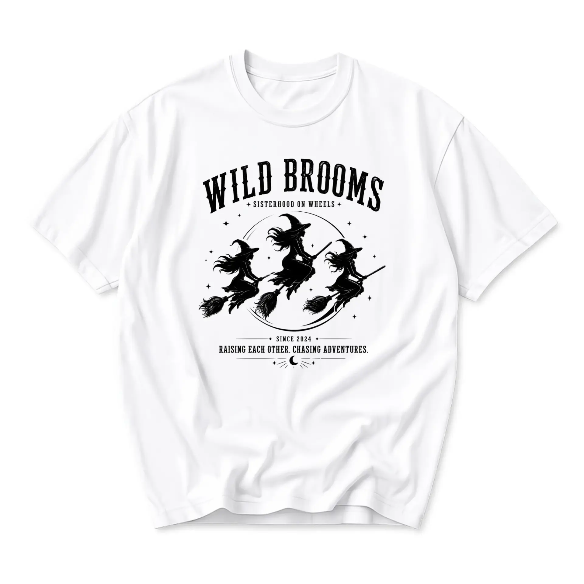 Graphic Tee Wild Brooms Sisterhood on Wheels Witch Themed Unisex Short Sleeve Casual Everyday Cotton Crew Neck Shirt
