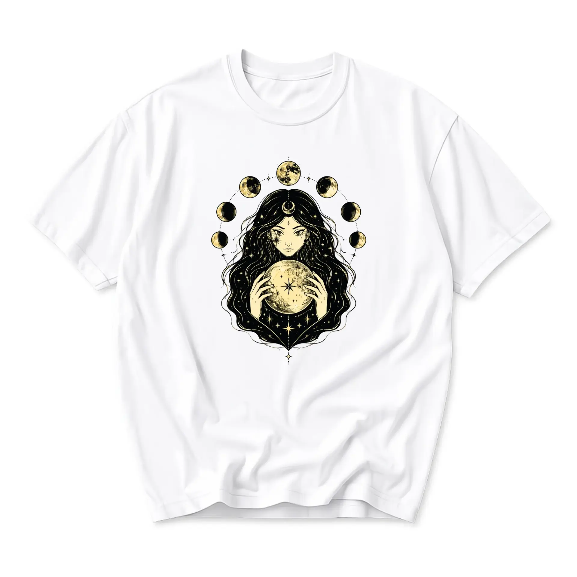Graphic Tee Celestial Moon Phases and Mystical Goddess Illustration Unisex Crew Neck Soft Cotton Casual Fashion Shirt