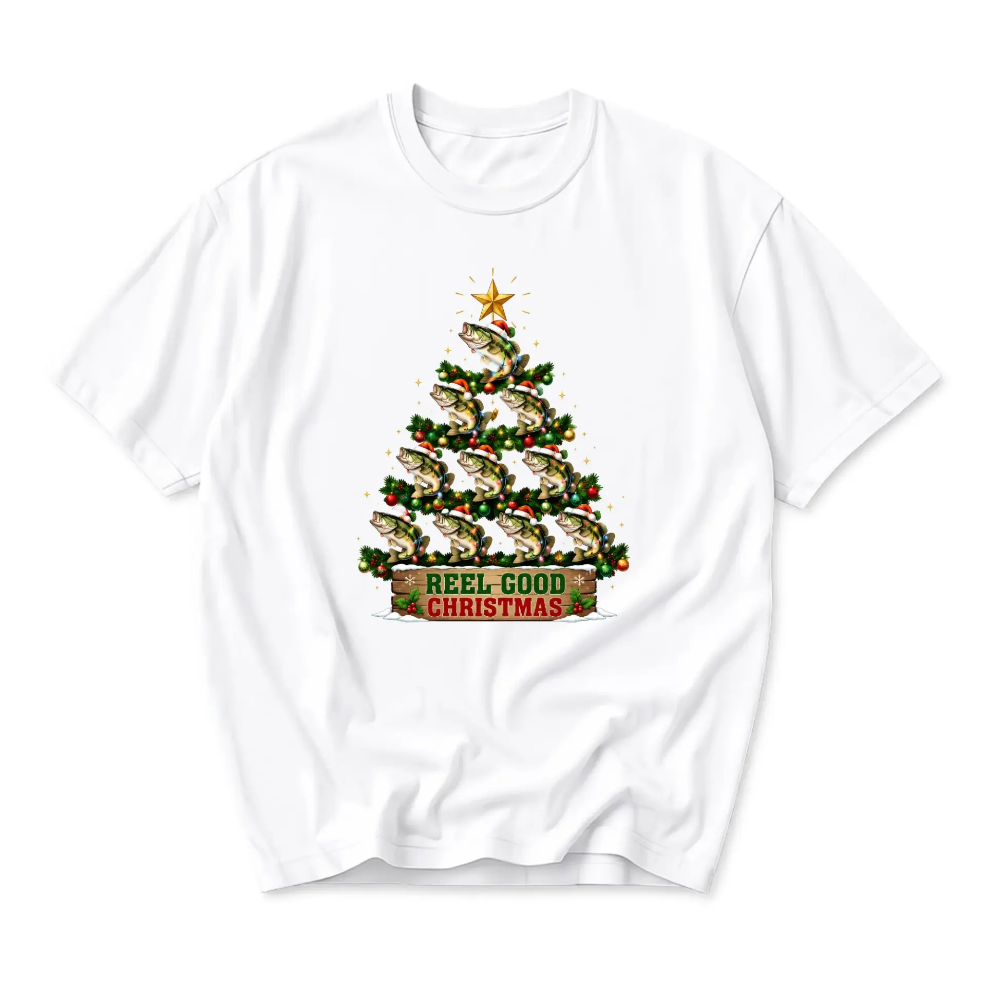 Graphic Tee Reel Good Christmas Fishing Theme Unisex Crew Neck Short Sleeve Shirt for Casual Holiday Wear and Outdoors