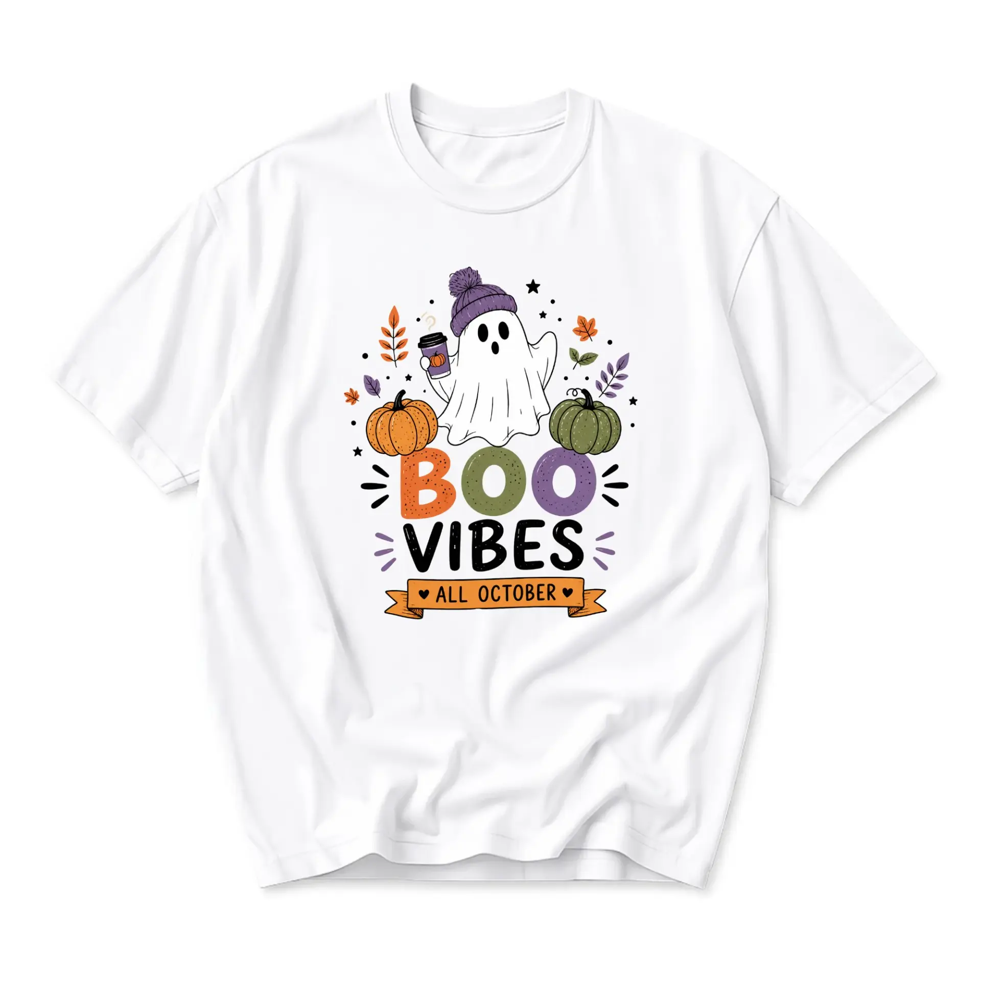 Graphic Tee Boo Vibes All October Fall Shirt Funny Halloween Seasonal Autumn Unisex Crew Neck Short Sleeve Top