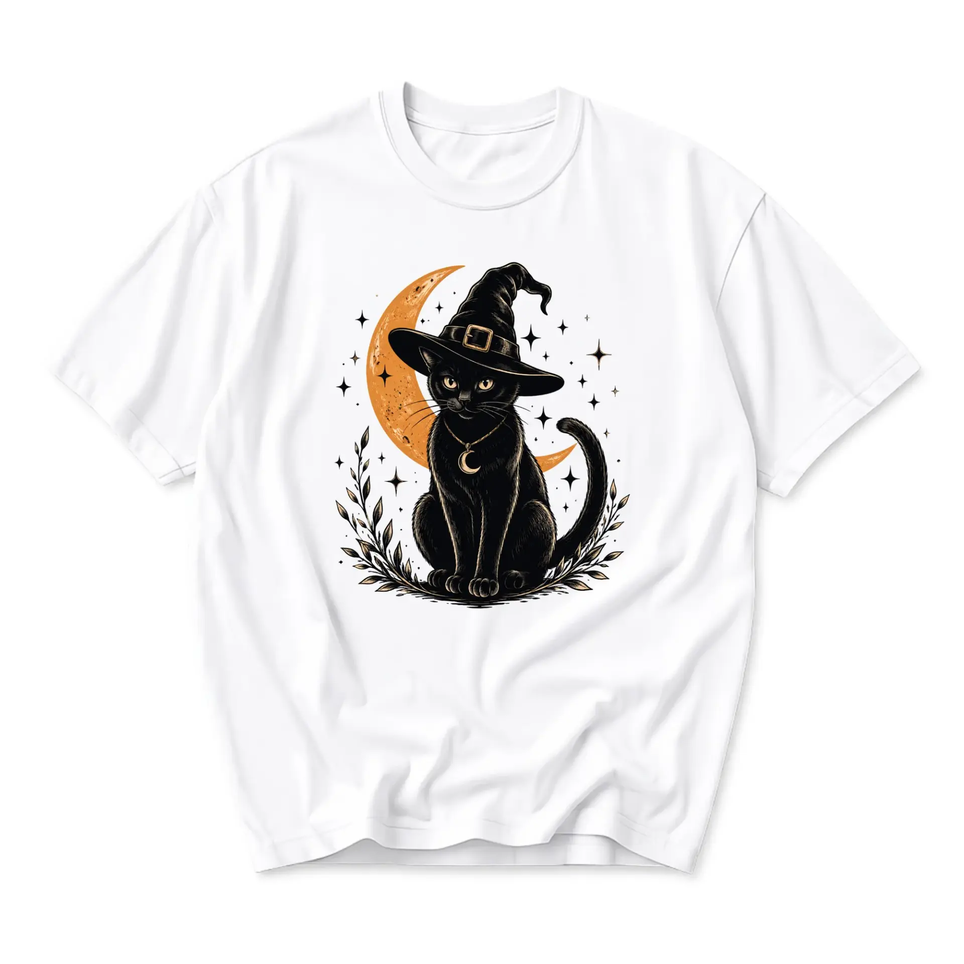 Graphic Tee Black Cat Wearing Witch Hat with Crescent Moon Celestial Design Unisex Casual Crew Neck Cotton T-Shirt