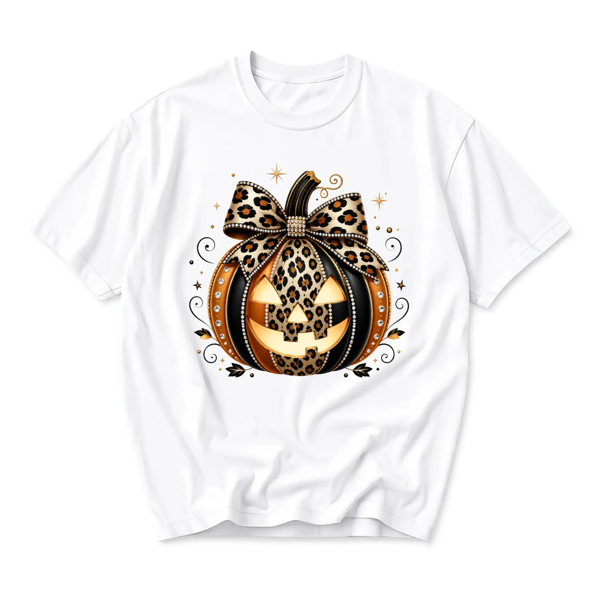 Graphic Tee Unisex Crew Neck T-Shirt Featuring Leopard Print Pumpkin Design for Autumn Casual Apparel and Everyday Wear