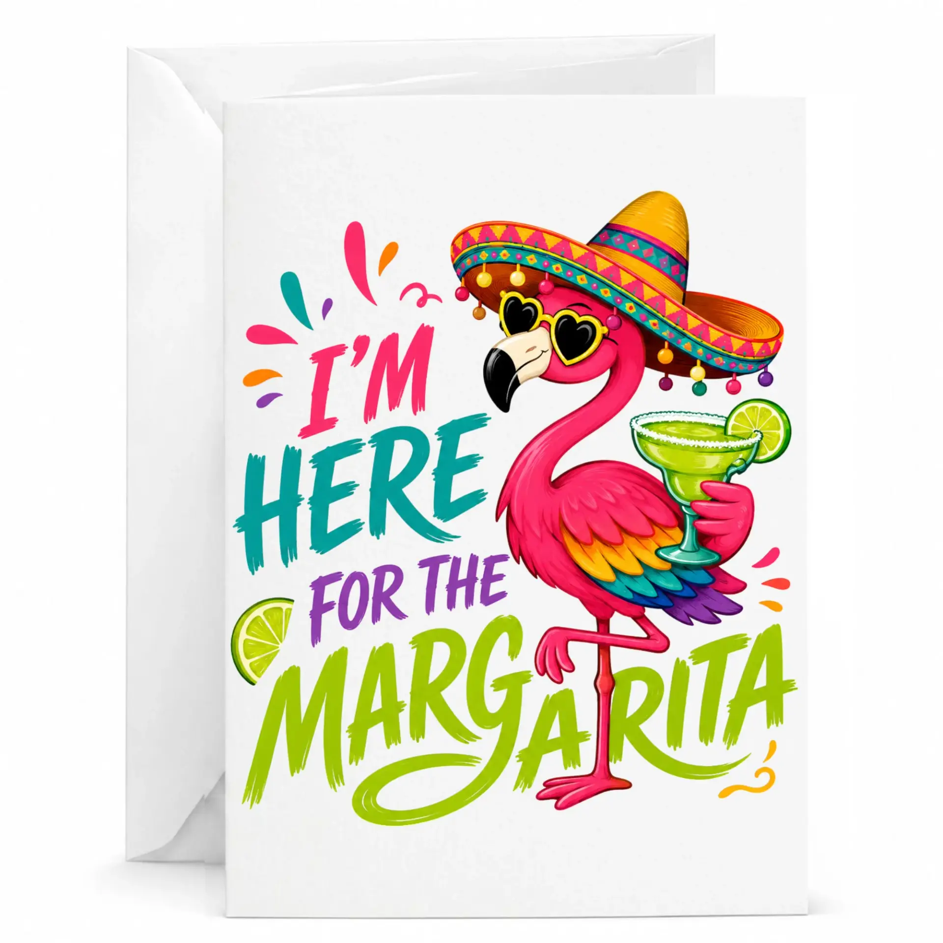 Funny Flamingo Margarita Greeting Card with Envelope for Birthday Celebrations and Summer Party Invitations 5x7 Inches