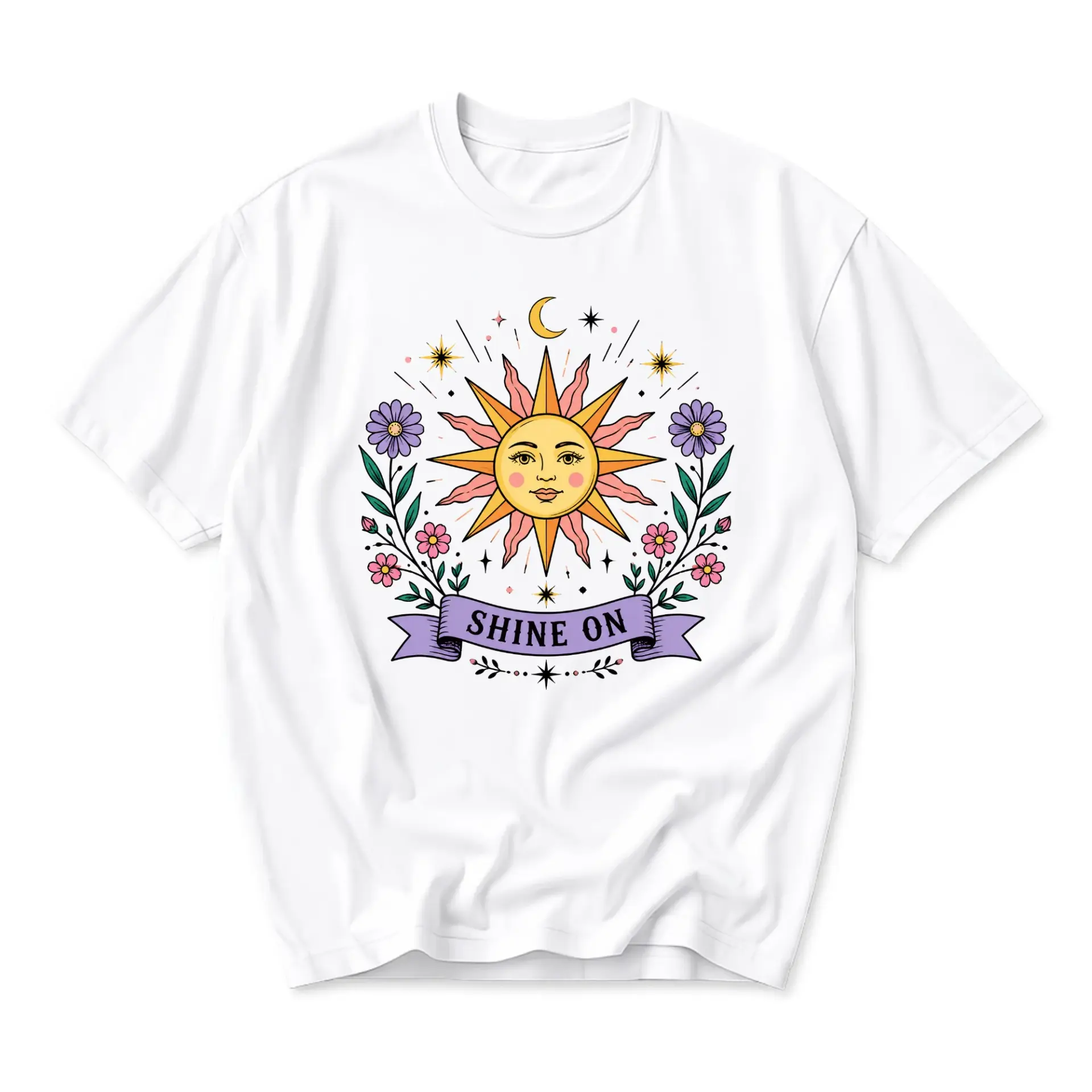 Graphic Tee Shine on Sun Celestial Floral Design Unisex Crew Neck Short Sleeve Cotton Blend Casual Everyday Shirt
