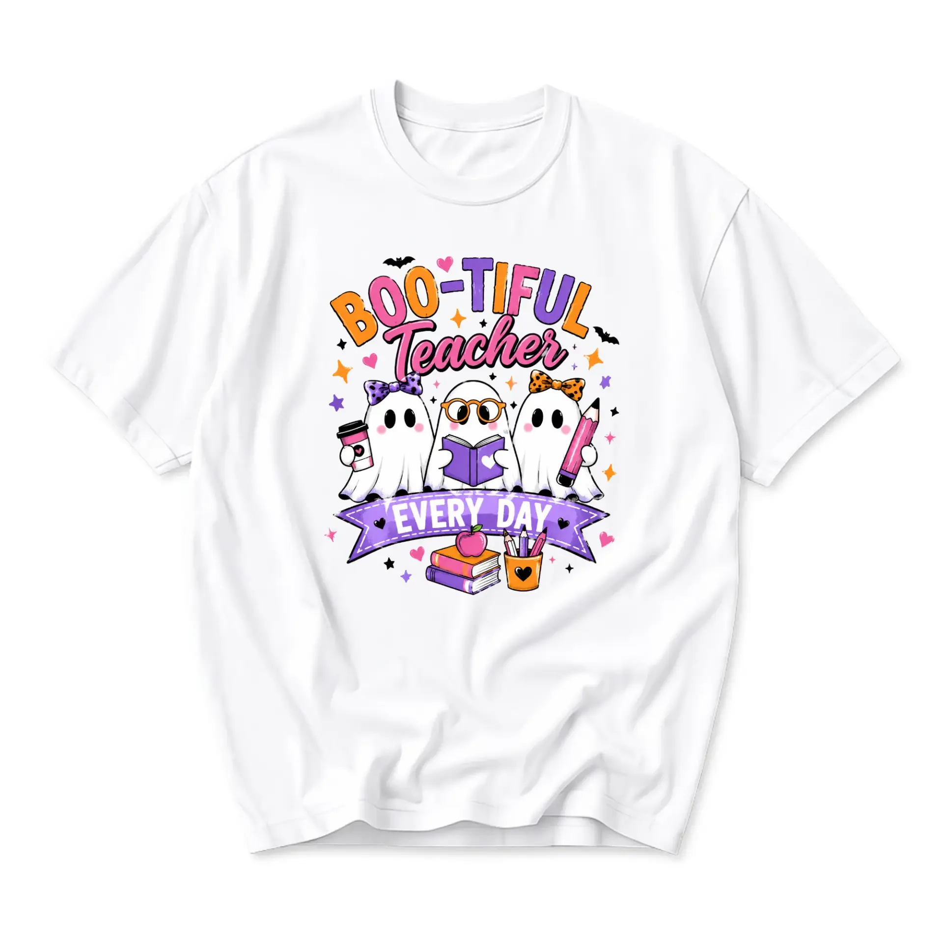 Funny Shirt Boo-Tiful Teacher Everyday Graphic Tee Casual Fall Season Crew Neck Short Sleeve Cotton Apparel Unisex Gift