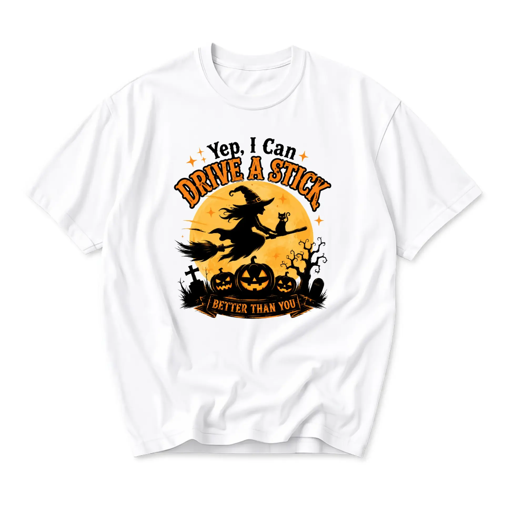 Funny Shirt Yep I Can Drive a Stick Witch Graphic Printed Unisex Casual Crew Neck Comfortable Cotton Tee Top