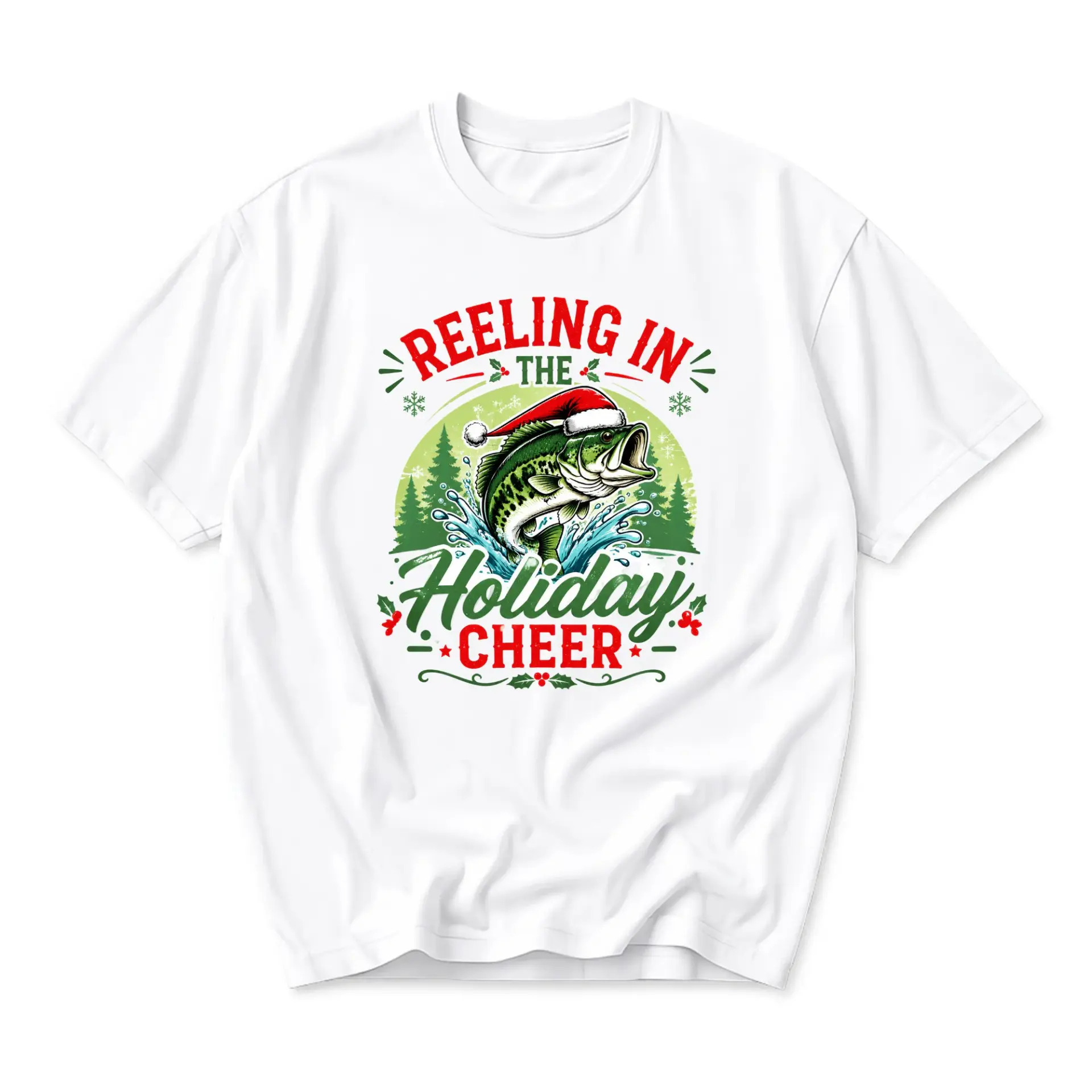 Funny Shirt Reeling in the Holiday Cheer Fishing Graphic Tee Festive Crew Neck Unisex Cotton Casual Apparel