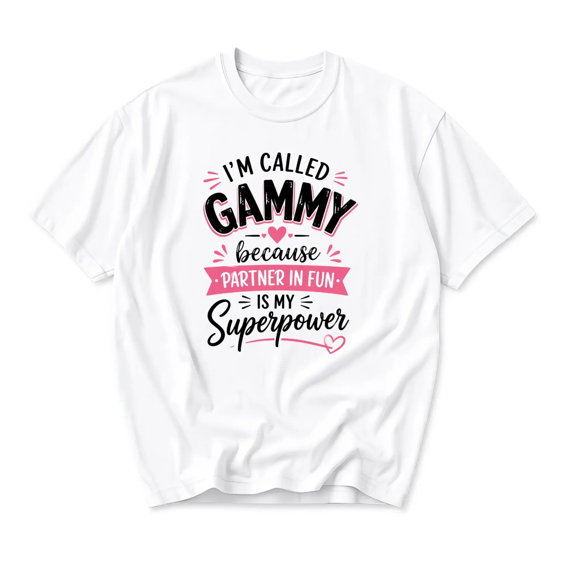 Graphic Tee Gammy Partner in Fun Superpower Quote Shirt Unisex Casual Crew Neck Soft Cotton Everyday Apparel White
