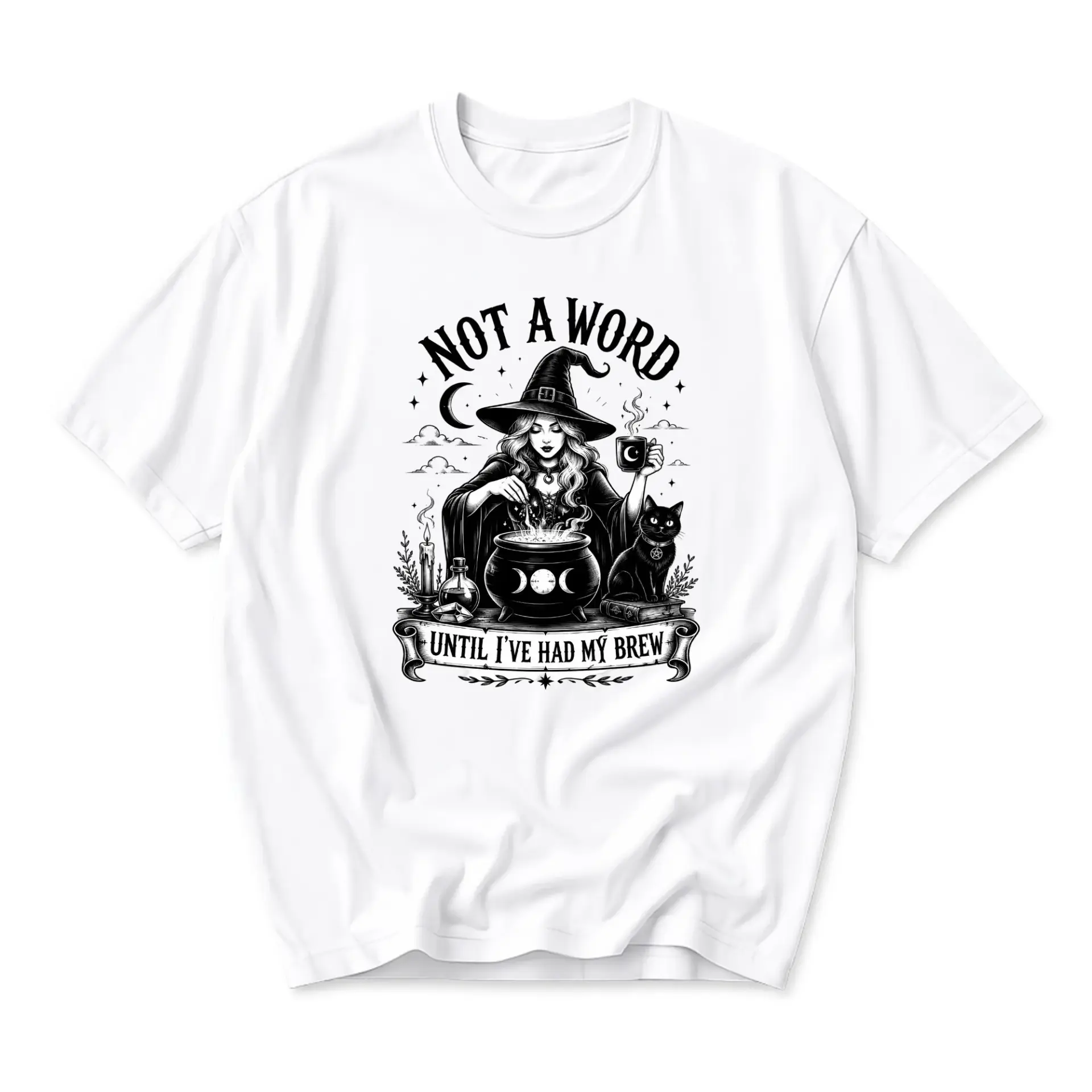 Graphic Tee Unisex Crew Neck Shirt Featuring Witch Illustration with Coffee Pot Design and Humorous Statement Text