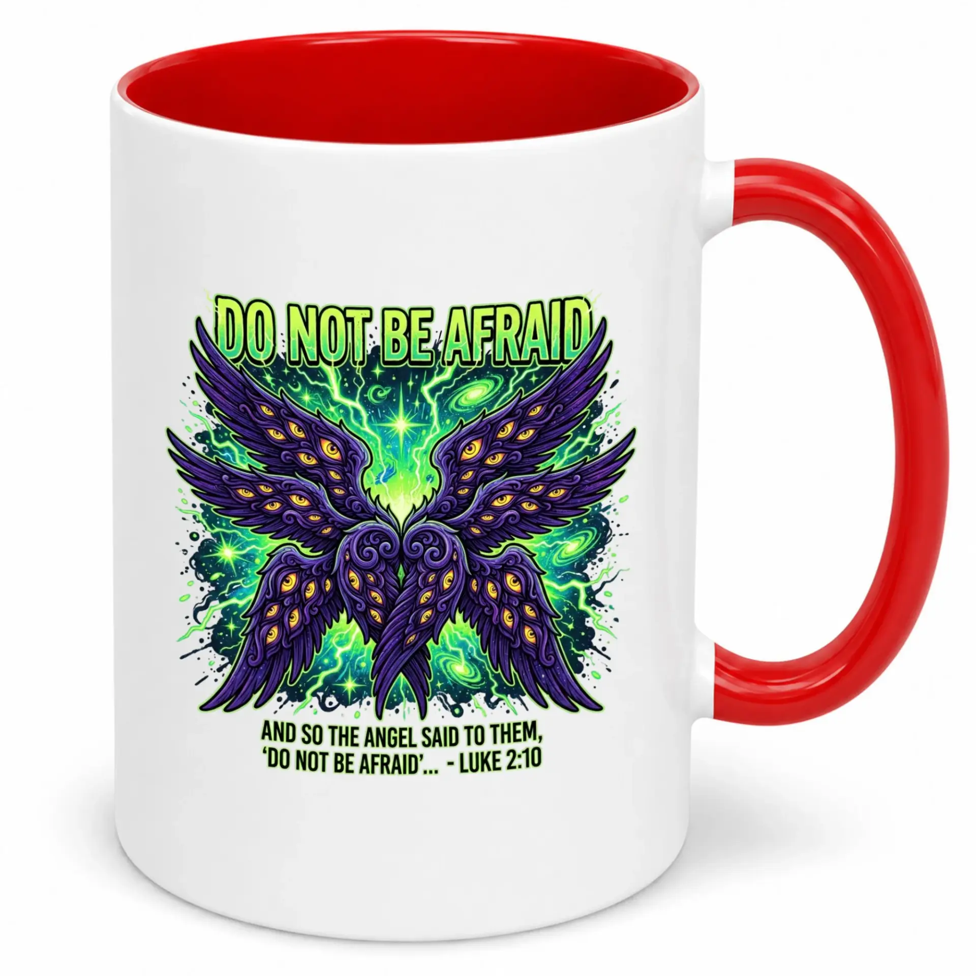 Coffee Mug with Unique Multi-Eyed Angelic Creature Design Inspirational Biblical Quote from Luke 2:10 Durable Ceramic Drinkware for Home and Office
