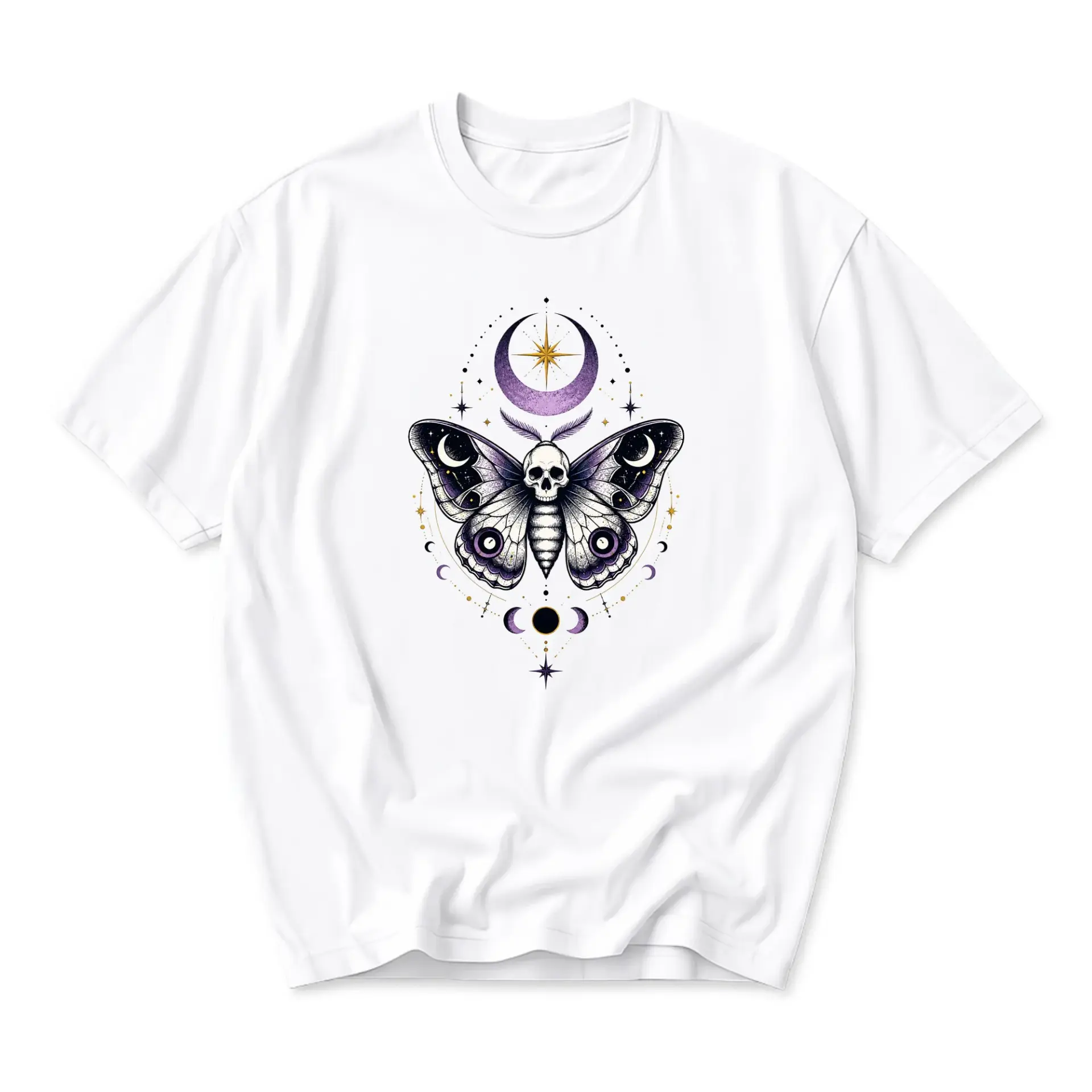 Graphic Tee Celestial Moth Skull Print Unisex Crew Neck Cotton Blend Shirt for Casual Everyday Fashion Style