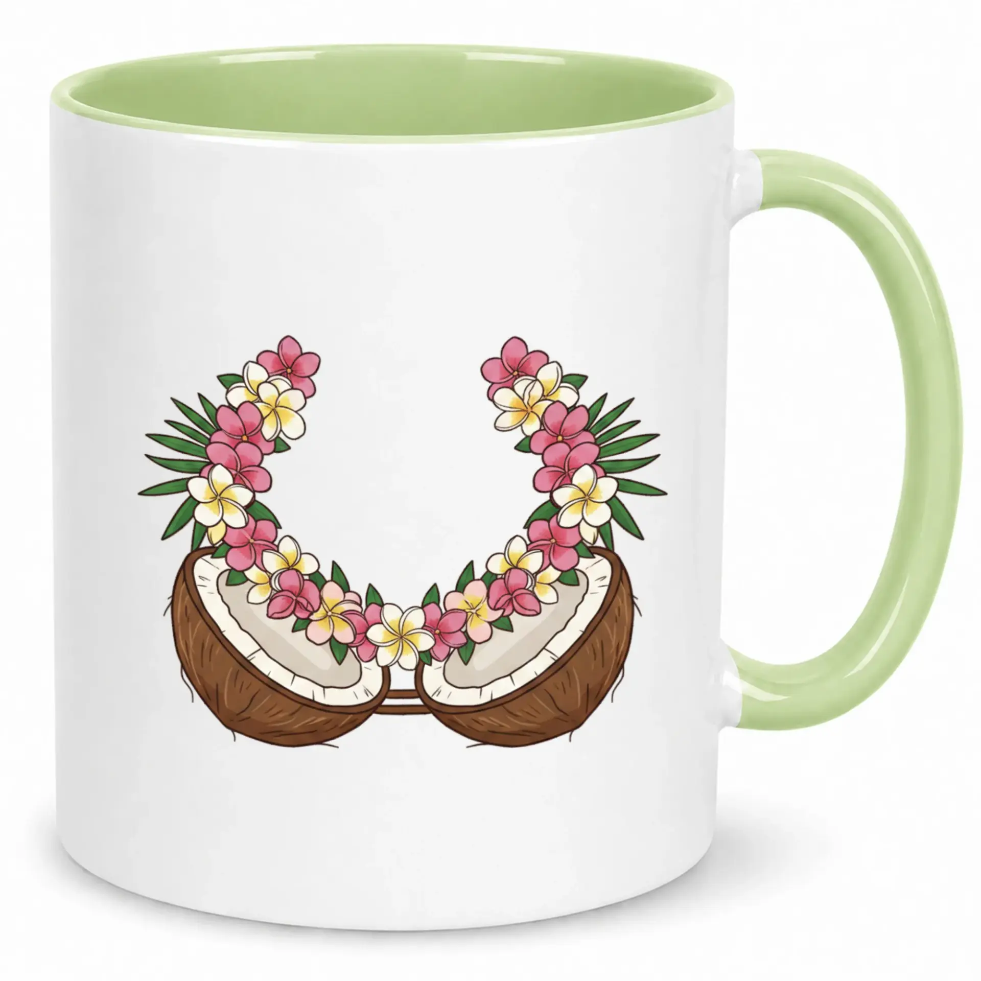 Funny Tropical Coconut Bra Ceramic Coffee Mug, Hawaiian Plumeria Flower Beach Summer Drinkware for Women, 11 Oz or 15 Oz