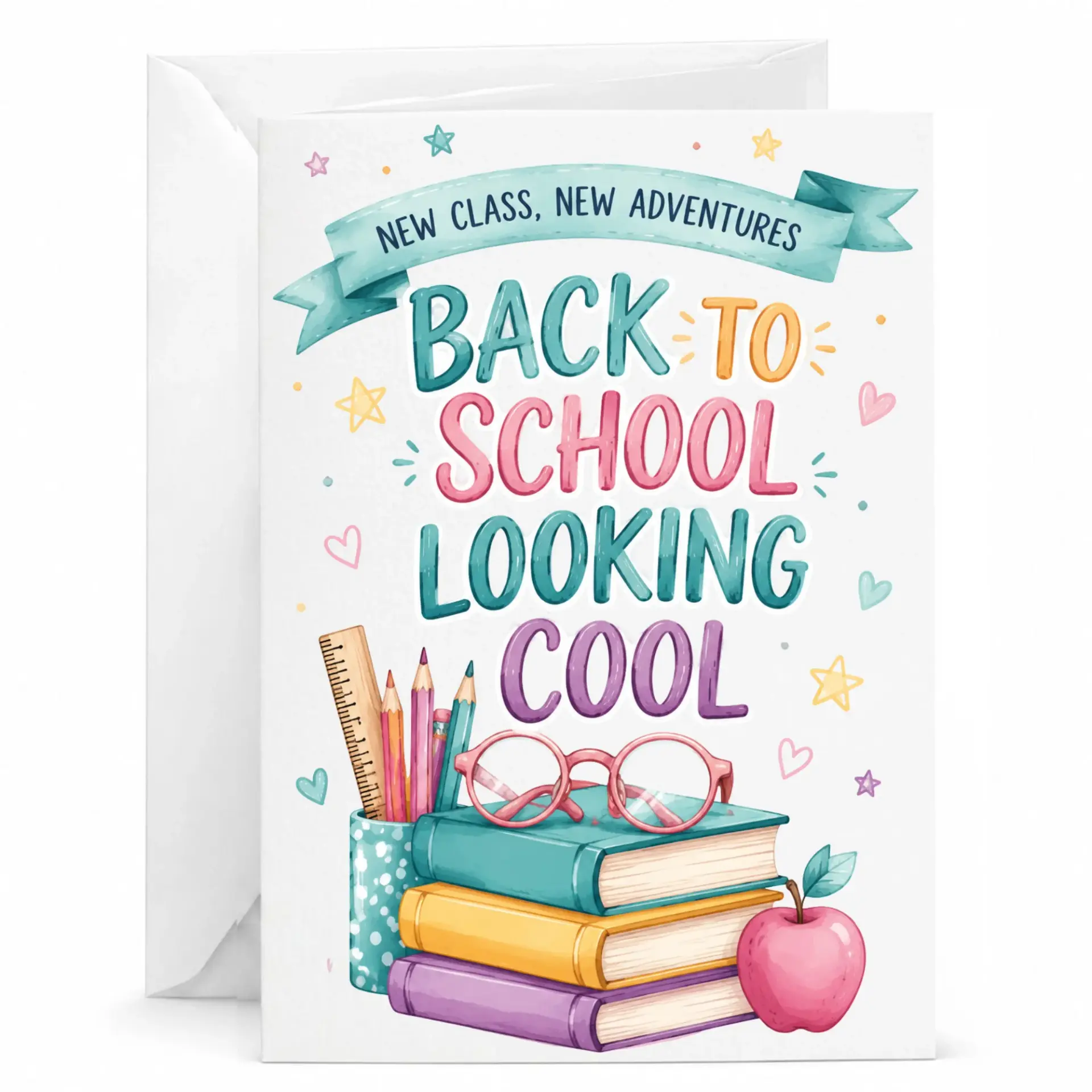 Greeting Card Back to School New Featuring Colorful Books and Supplies for Seasonal Well Wishes