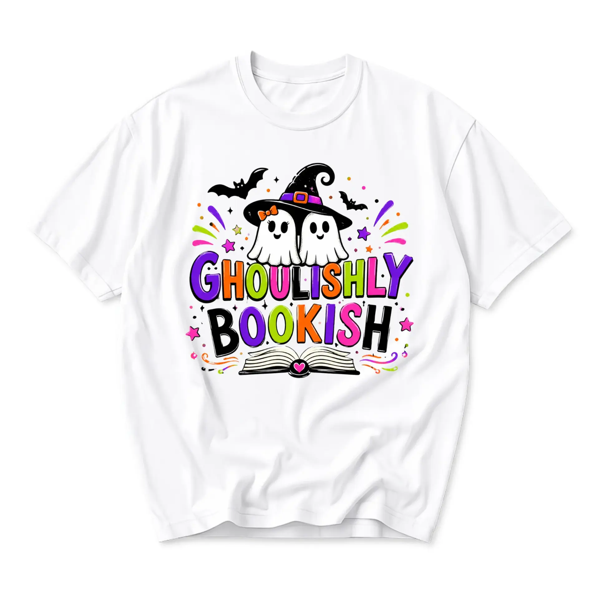 Funny Shirt Ghoulishly Bookish Ghost Reading Graphic Tee Unisex Cotton Crew Neck Casual Tops for Everyday Outfit