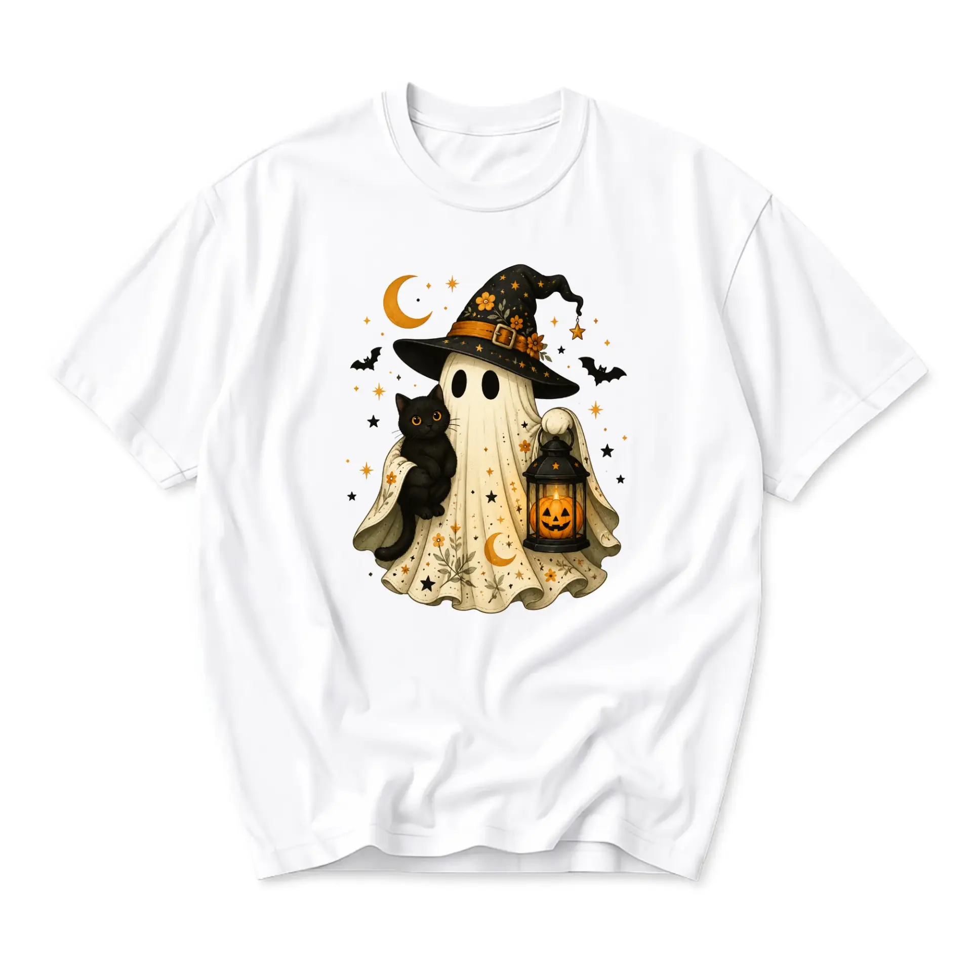 Graphic Tee Unisex Crew Neck T-Shirt Featuring Spooky Ghost with Black Cat Pumpkin Lantern Design for Fall Casual Wear