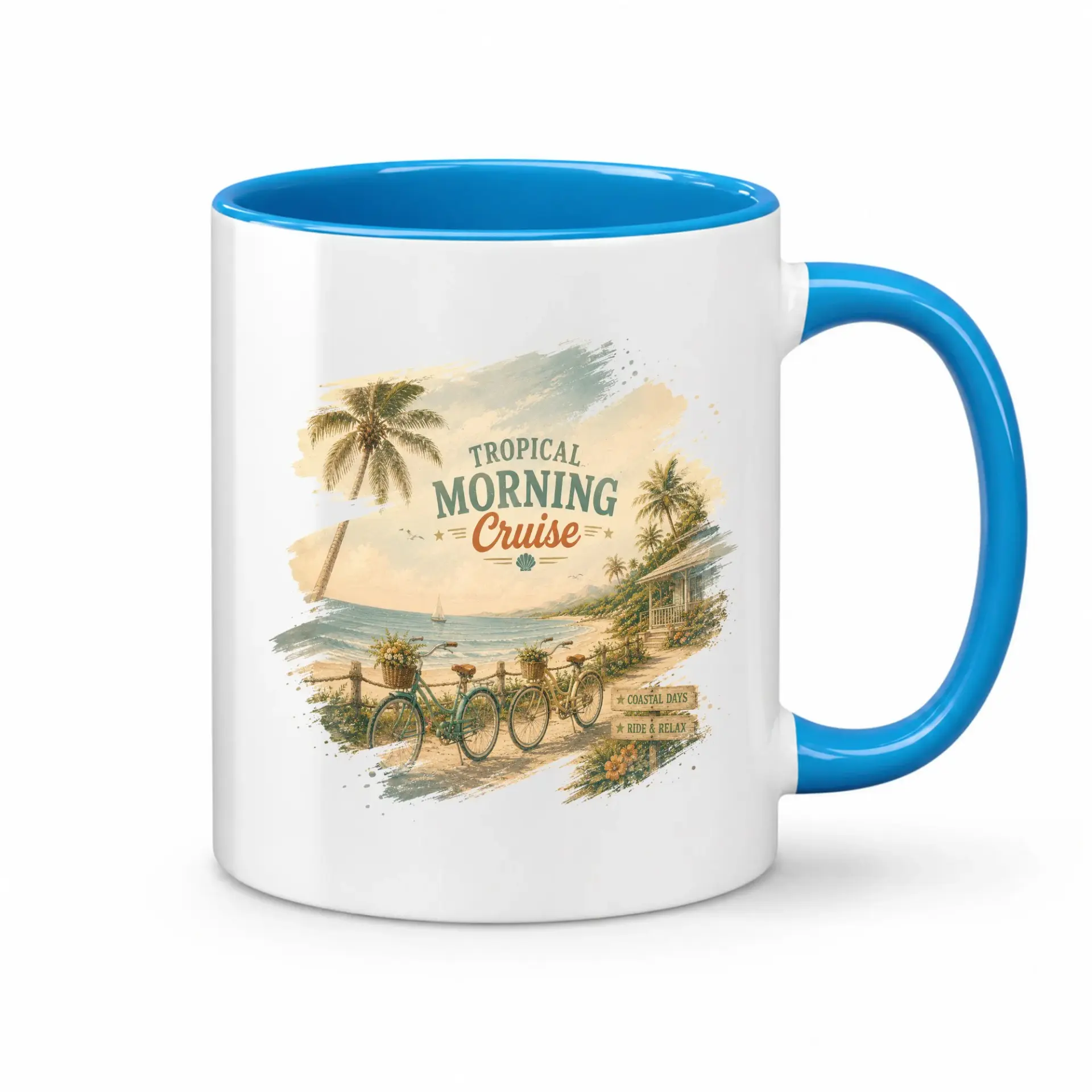 Tropical Morning Cruise Coffee Mug Ceramic Beverage Cup with Scenic Beach Bicycle Two Blue Handle Design