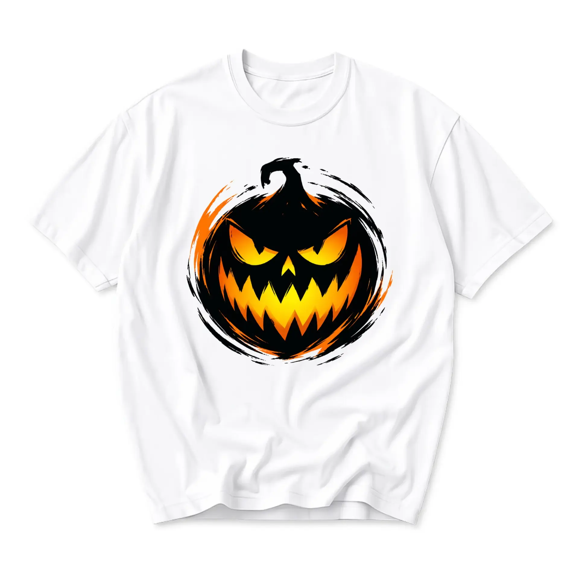 Graphic Tee Unisex Crew Neck T-Shirt Featuring a Spooky Orange and Black Pumpkin Illustration for Fall Season Casual Wear