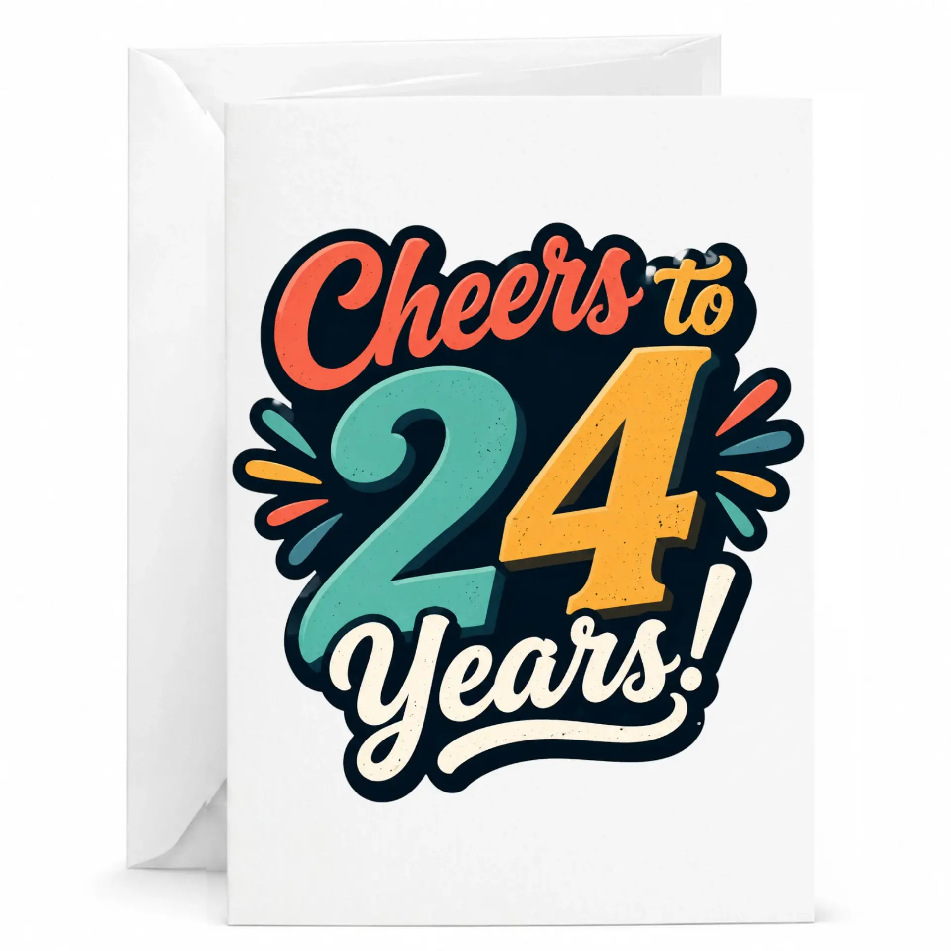 Birthday Card Cheers to 24 Years, Retro Typography 24th Birthday Greeting Card for Milestone Celebration, 5x7 Inch Folded