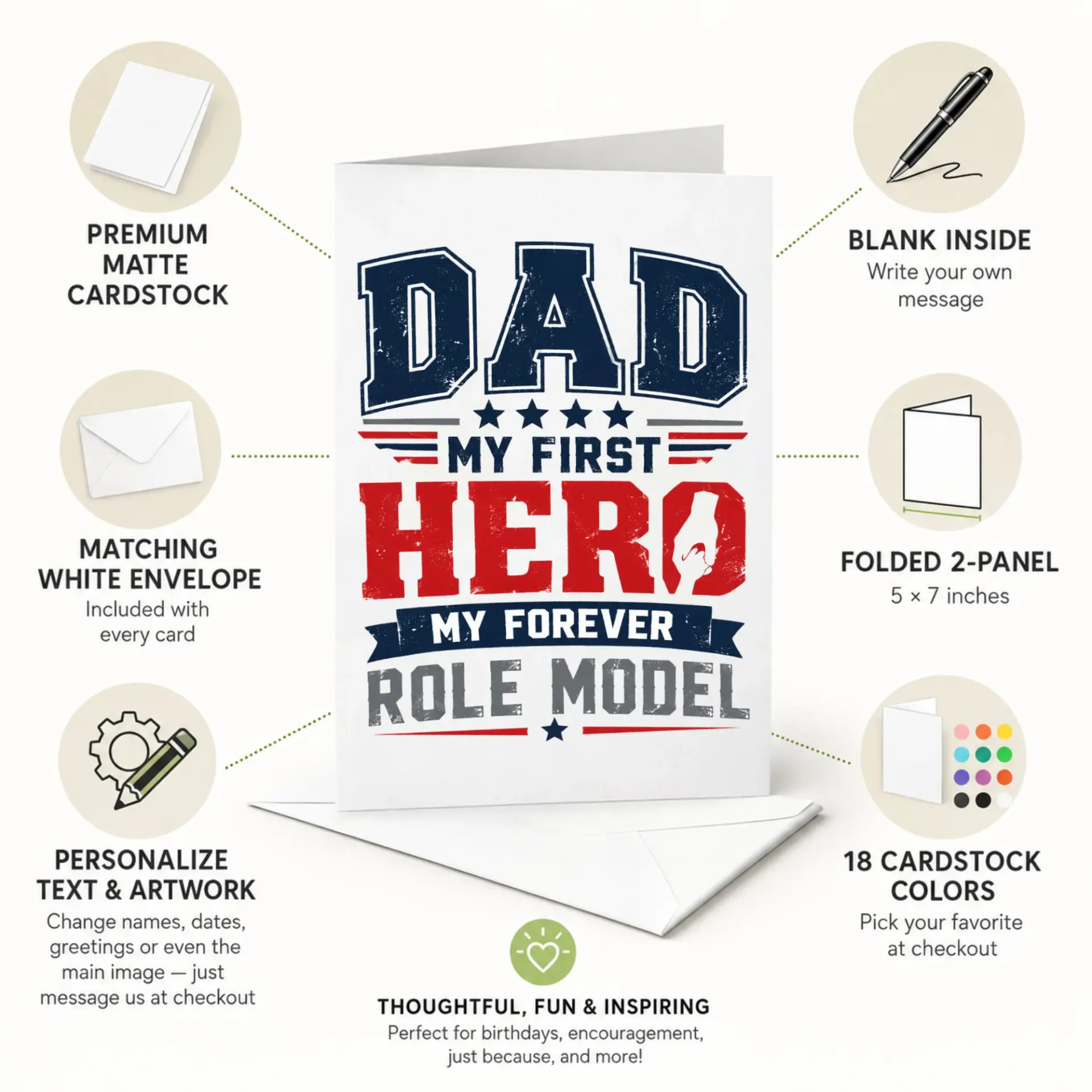 Greeting Card Dad My First Hero My Forever Role Model Patriotic Design Appreciation Note for Father Figure