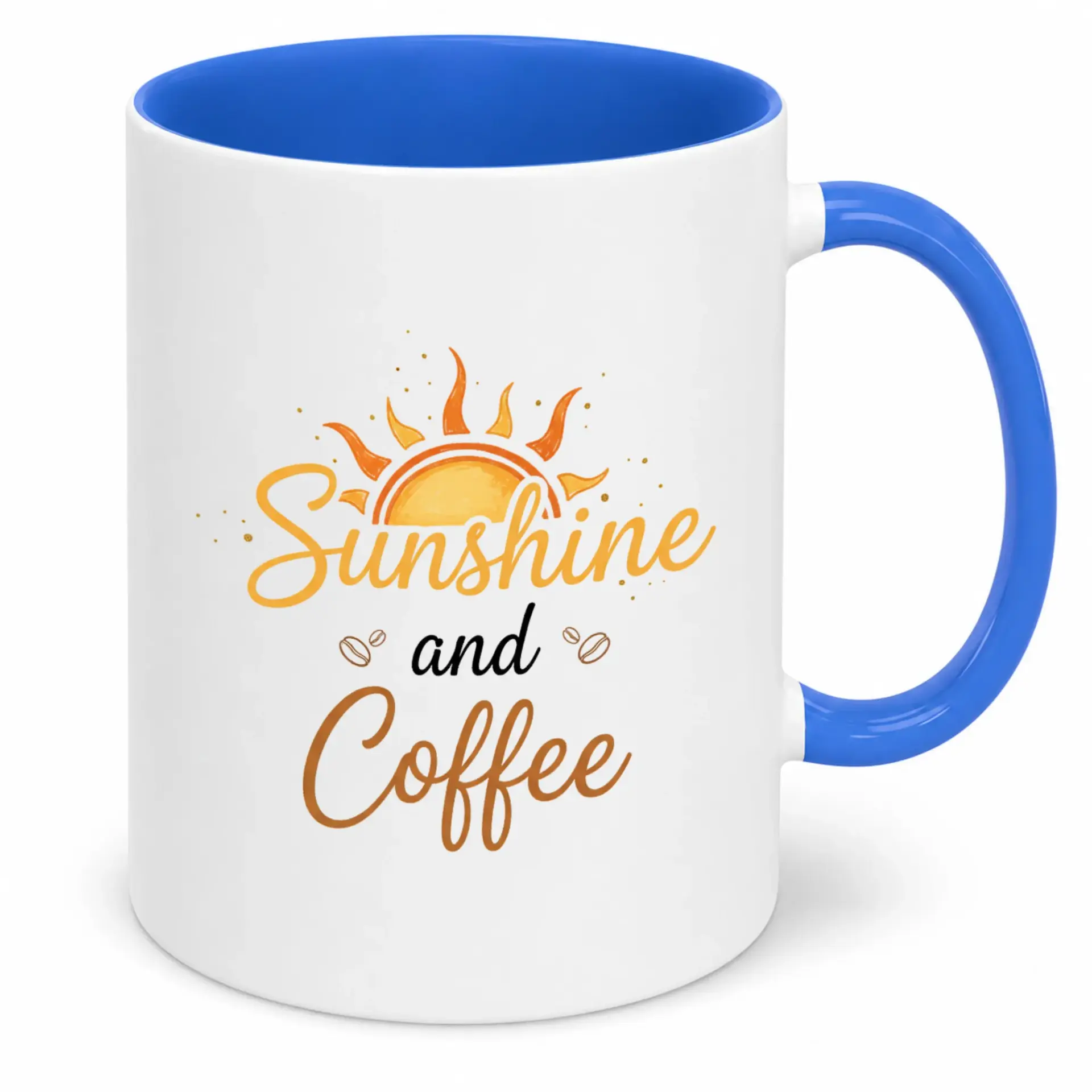 Sunshine and Coffee Ceramic Mug with Blue Handle Inspirational Morning Drinkware Vibrant Glossy Print Perfect Gift for Beverage Lovers 11 Oz or 15 Oz