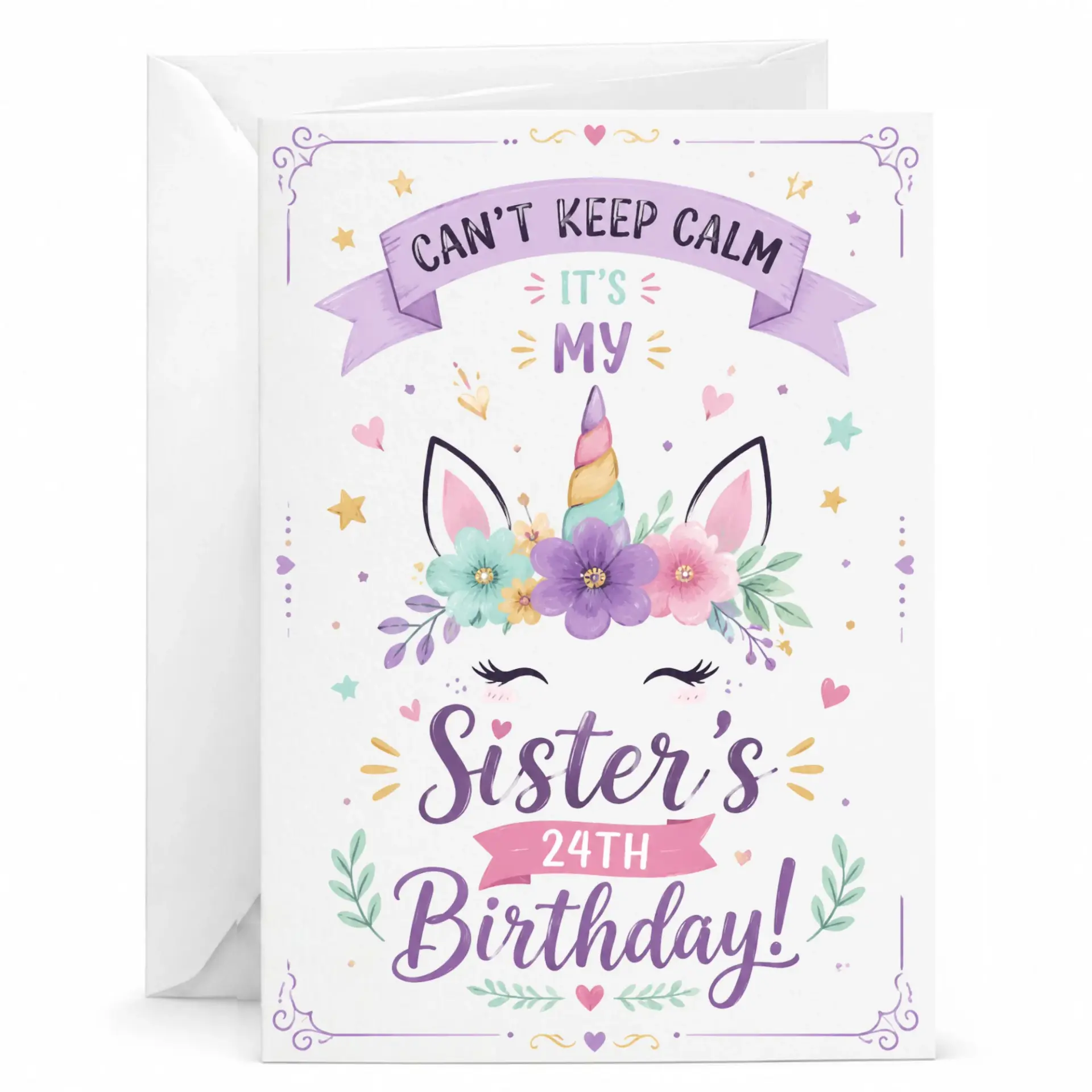 Birthday Card for Sister, Magical Unicorn Floral Design Greeting Card for 24th Birthday Celebration, 5x7 Inch Folded